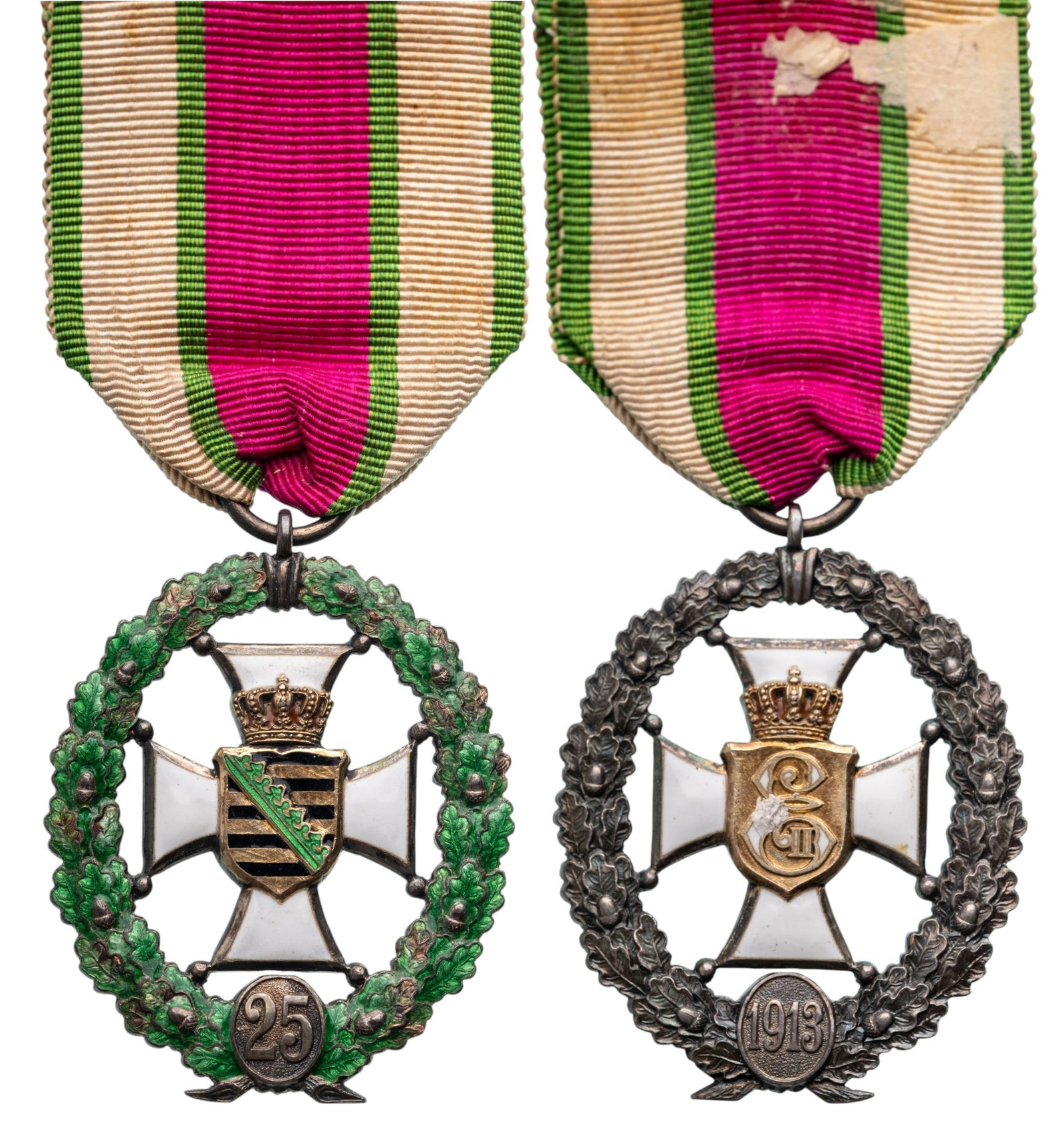 Distinction for Civil Service, 1913: Breast Badge, 43x34 mm, partially gilt Silver, both sides enameled, central medallion enameled, original suspension ring and ribbon. A beautiful cross in extremely fine condition! I