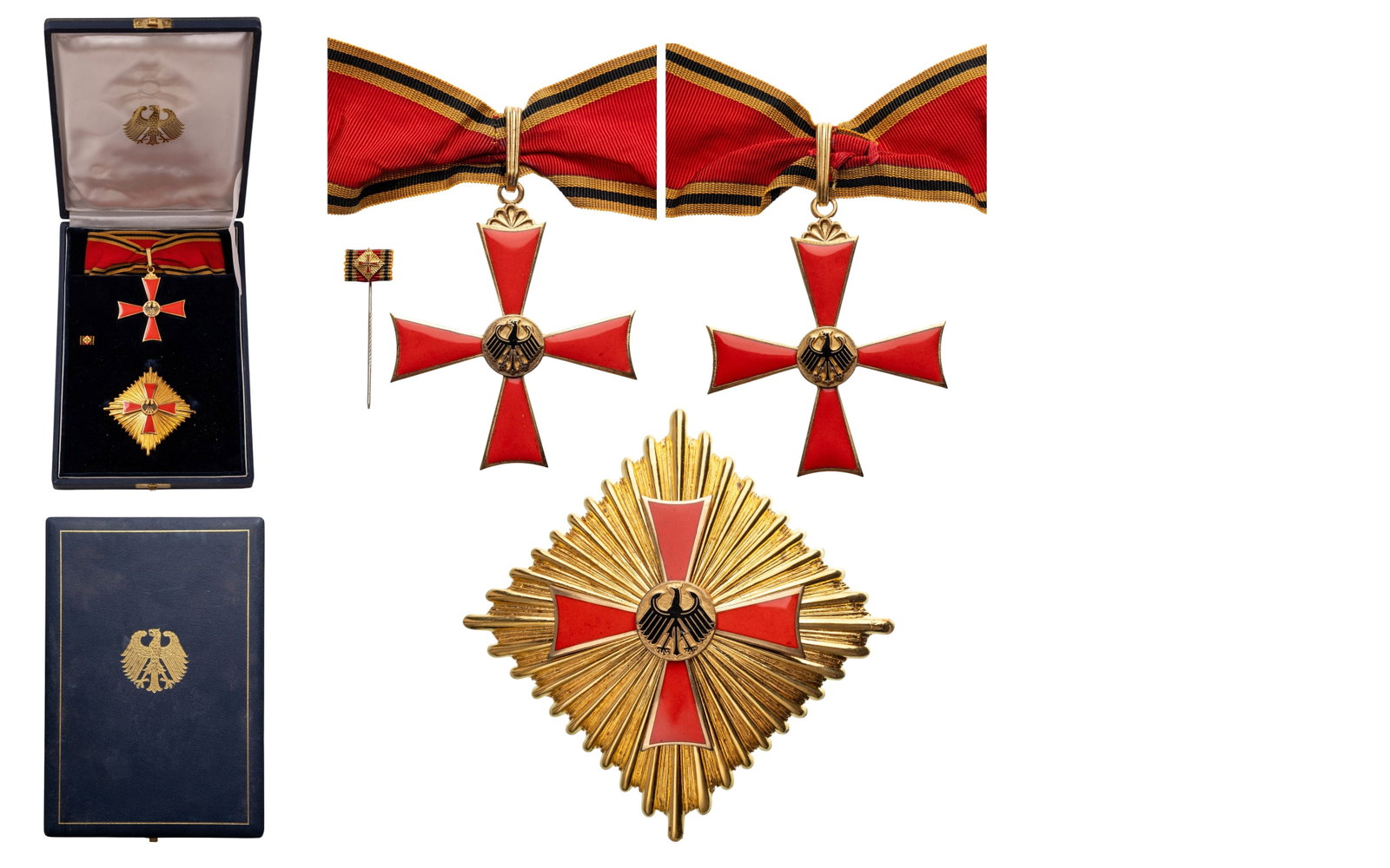 ORDER OF MERIT OF THE FEDERAL REPUBLIC: Grand Officer's Set, instituted in 1951. Neck Badge, 72x61 mm, gilt Bronze, enameled, suspension ring and loop, with original ribbon. Breast Star, 80 mm, gilt bronze, the reverse with round, vertical 