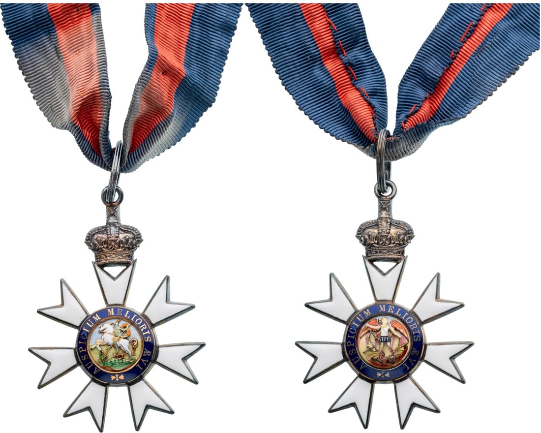 The Most Distinguished Order of St. Michael and St. George: Commander's Cross (Companion). Neck Badge, 66x47, Silver, enameled, original suspension ring and neck ribbon. A superb order, in mint condition. I