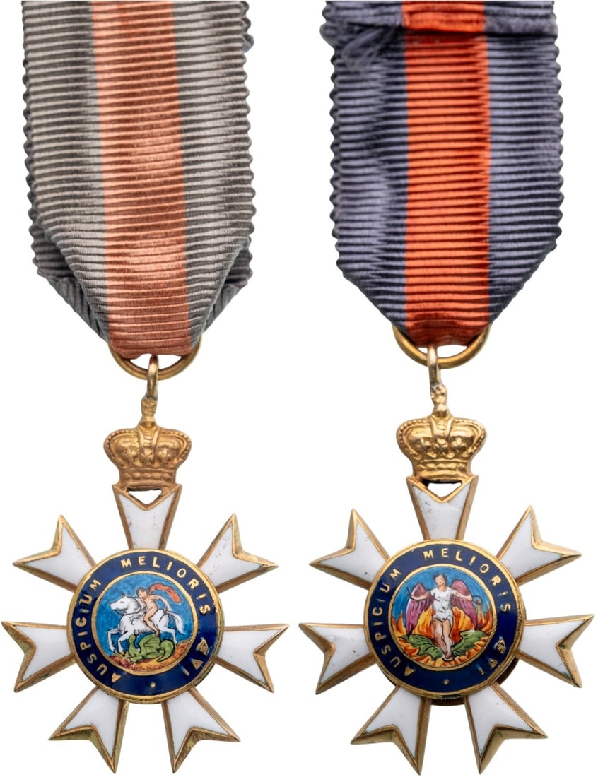 The Most Distinguished Order of St. Michael and St. George: Miniature Breast Badge, 30x18, 5 g. approx., GOLD, enameled, original suspension ring and ribbon. A superb large sized miniature, in mint condition. I