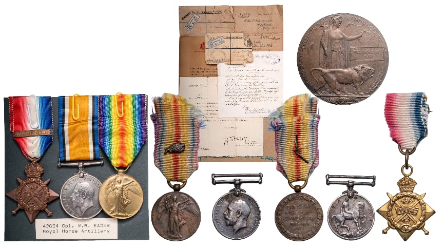 1st World War Mons group of 3 Medals with Commemorative Plaque: 1914 star with clasp 5th August - 22nd November 1914, Bronze; British War Medal, Silver; named, Victory Medal, Silver, named; Breast Badges, original suspension rings and ribbons, together with Miniat