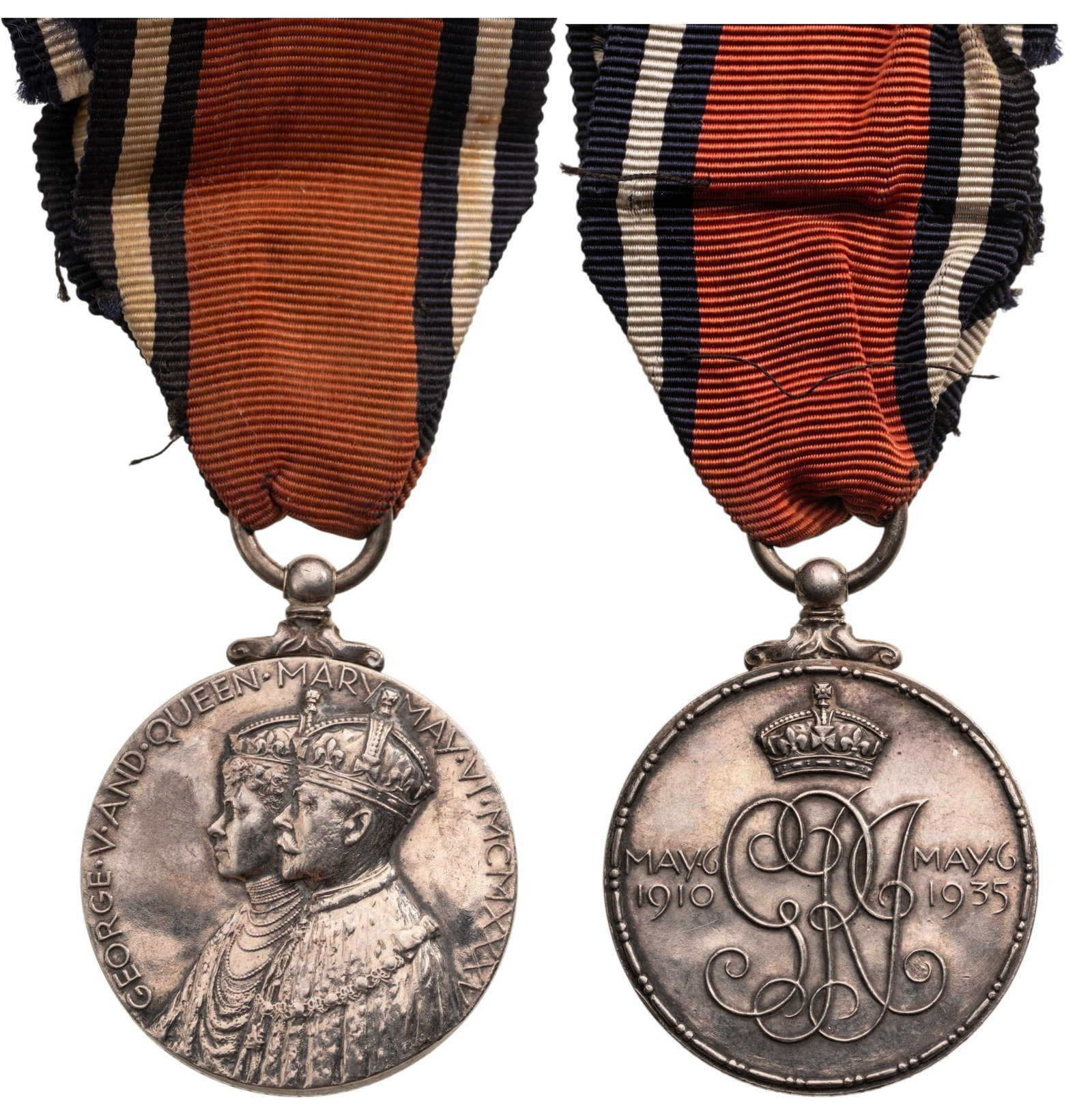 25th Anniversary of Reign Medal King George VI, 1935: Breast Badge, 40x32 mm, Silver, 30 g., original suspension ring and ribbon. Extremely fine condition! I