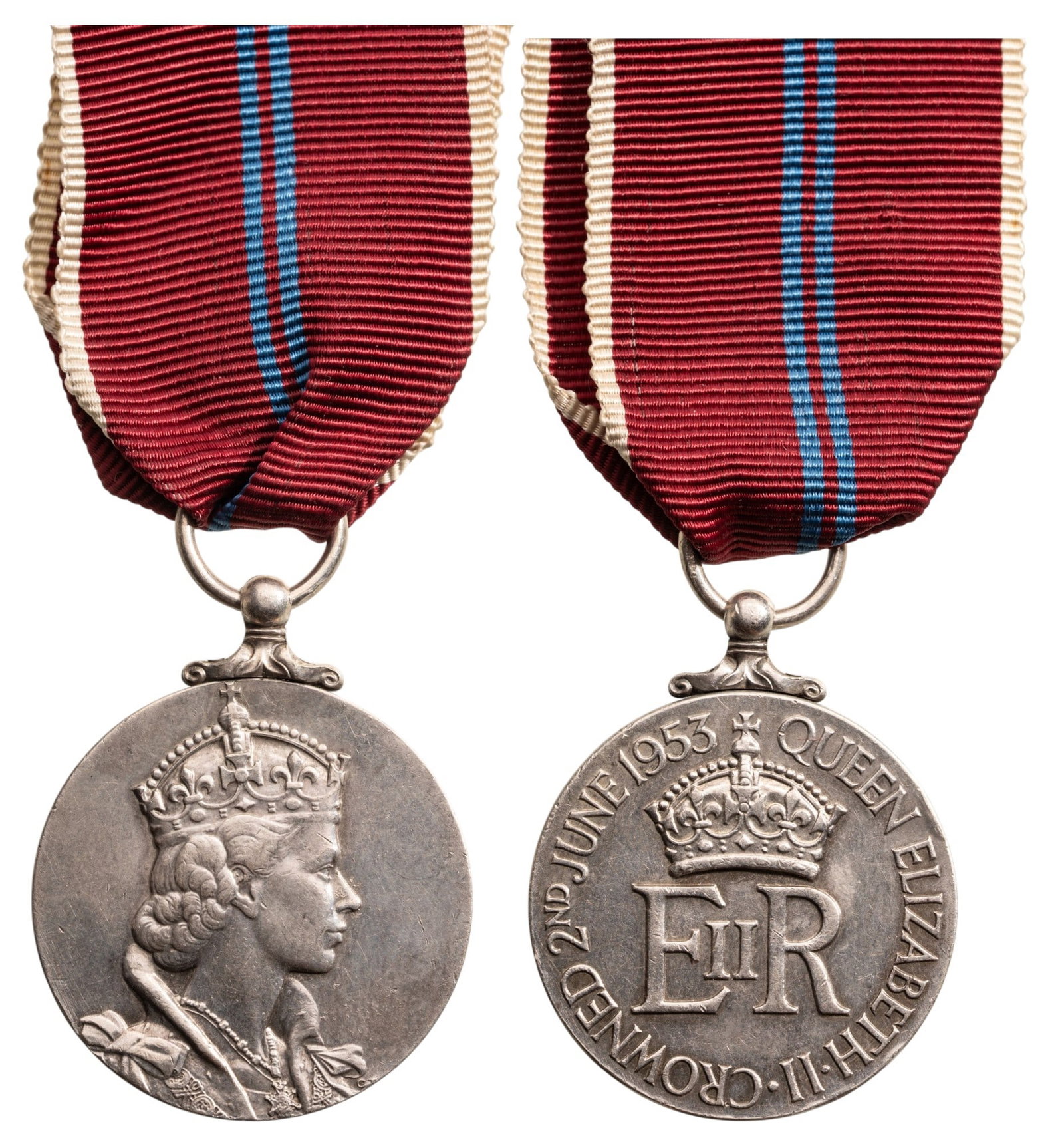 Coronation Medal Queen Elizabeth, 1953: Breast Badge, 40x32 mm, Silver, original suspension ring and ribbon. Extremely fine condition! I