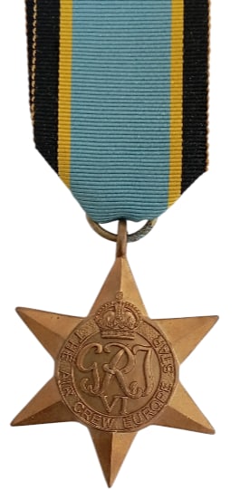 The Air Crew Europe Star: Breast Badge, 50x43 mm, Bronze, original suspension ring and ribbon. Mint condition! I