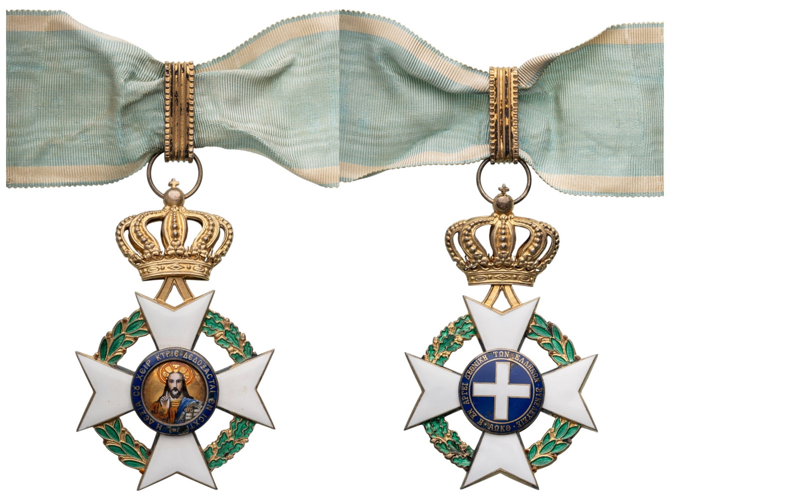 ORDER OF THE REDEEMER: Commander's Cross, instituted in 1829. Neck Badge, 82x54 mm, gilt Silver, enameled, obverse centre medallion with finest enamel painting of the Christ Pantokrator, large, bulbous crown, original suspe