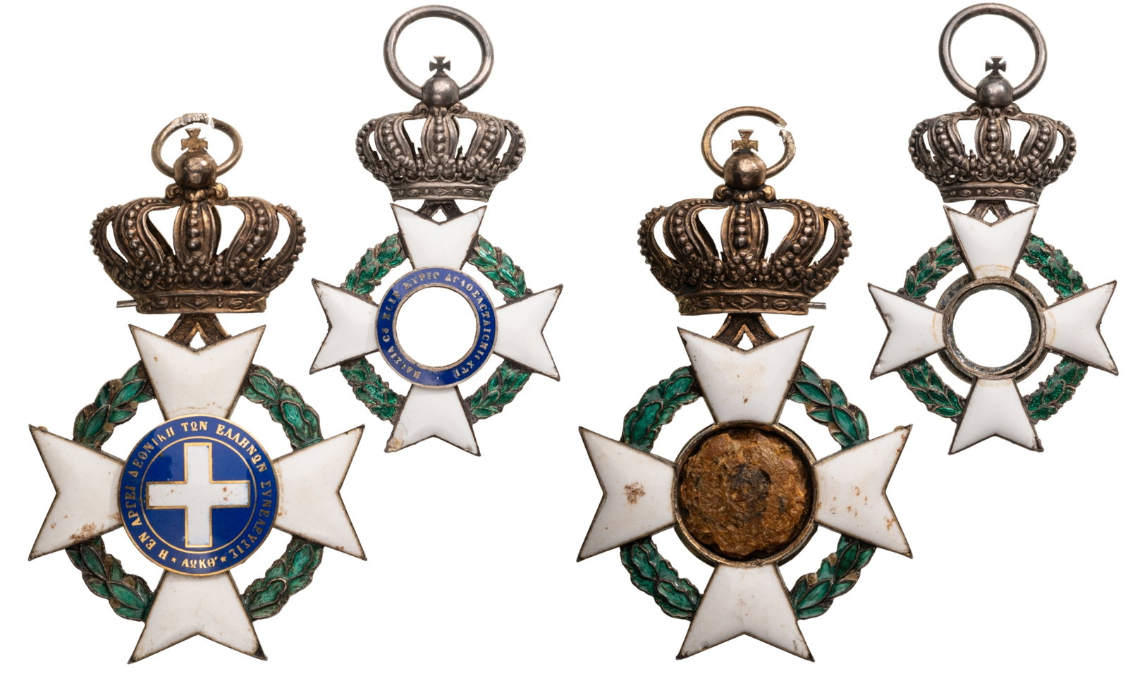ORDER OF THE REDEEMER: Lot of 2. Commander's Cross and Knight's Cross, instituted in 1829. Neck and Breast Badges, 82x55 mm. and 54x44 mm., Silver, enameled, commander with obverse centre medallion missing and knight's cros