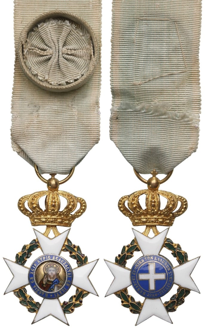 ORDER OF THE REDEEMER: Officer's Cross, instituted in 1829. Breast Badge, 56x35 mm, gilt Silver, enameled, obverse centre medallion with finest enamel painting of the Christ Pantokrator, large, bulbous crown, original suspe