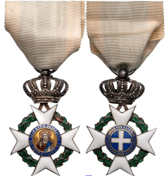ORDER OF THE REDEEMER: Knight's Cross, instituted in 1829. Breast Badge, 53x44 mm, Silver, enameled, large, bulbous crown, original suspension ring and ribbon. I