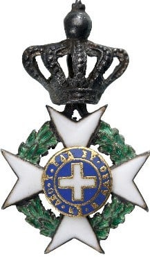 ORDER OF THE REDEEMER: Knight's Cross Miniature, 18x11 mm, Silver, enameled, obverse centre medallion missing, large, bulbous crown, original suspension ring. IV
