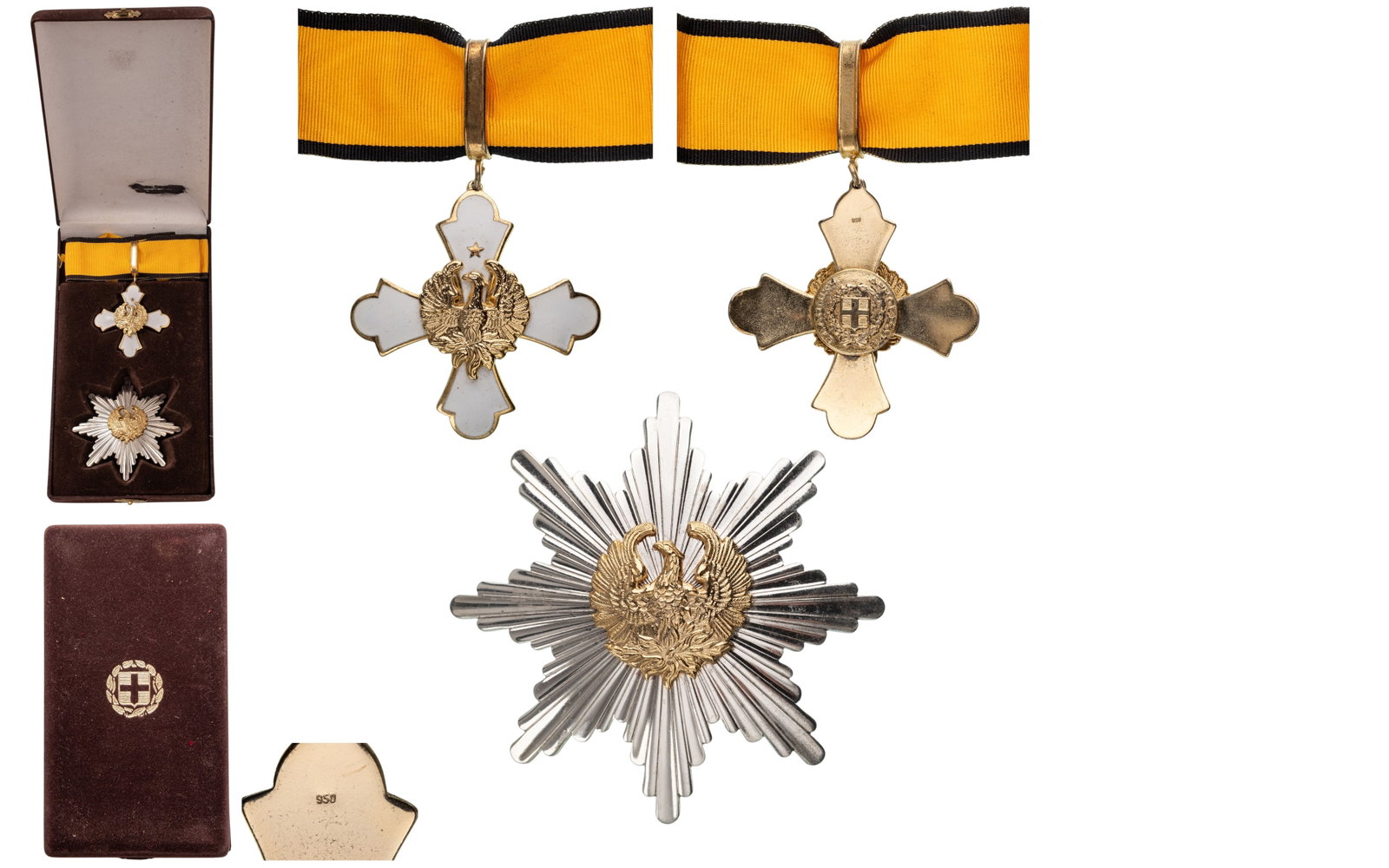 Order of the Phoenix: Grand Officer's Set. Neck Badge, 60x58 mm, gilt Silver, hallmarked "950", white enameled badge, centre medallion with the frosted-finishes, gilt phoenix rising from the flames, reverse medallion with 