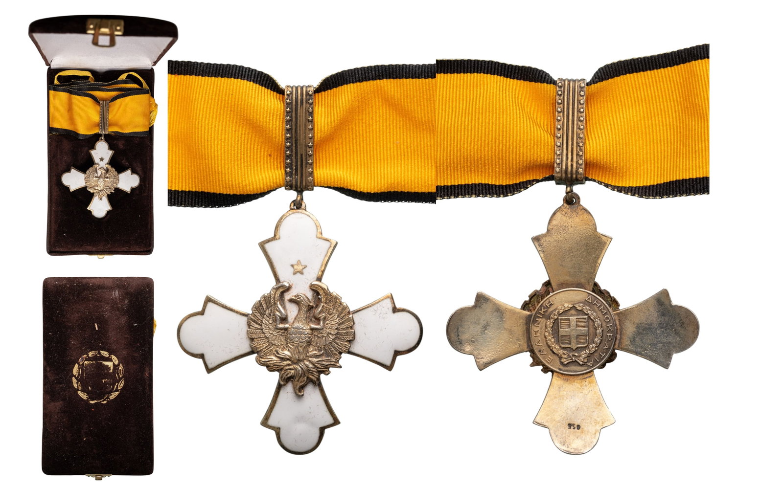 Order of the Phoenix: Commander's Cross, Republic Type. Neck Badge, 62x58 mm, gilt Silver, hallmarked "950", white enameled badge, centre medallion with the frosted-finishes, gilt phoenix rising from the flames, reverse me