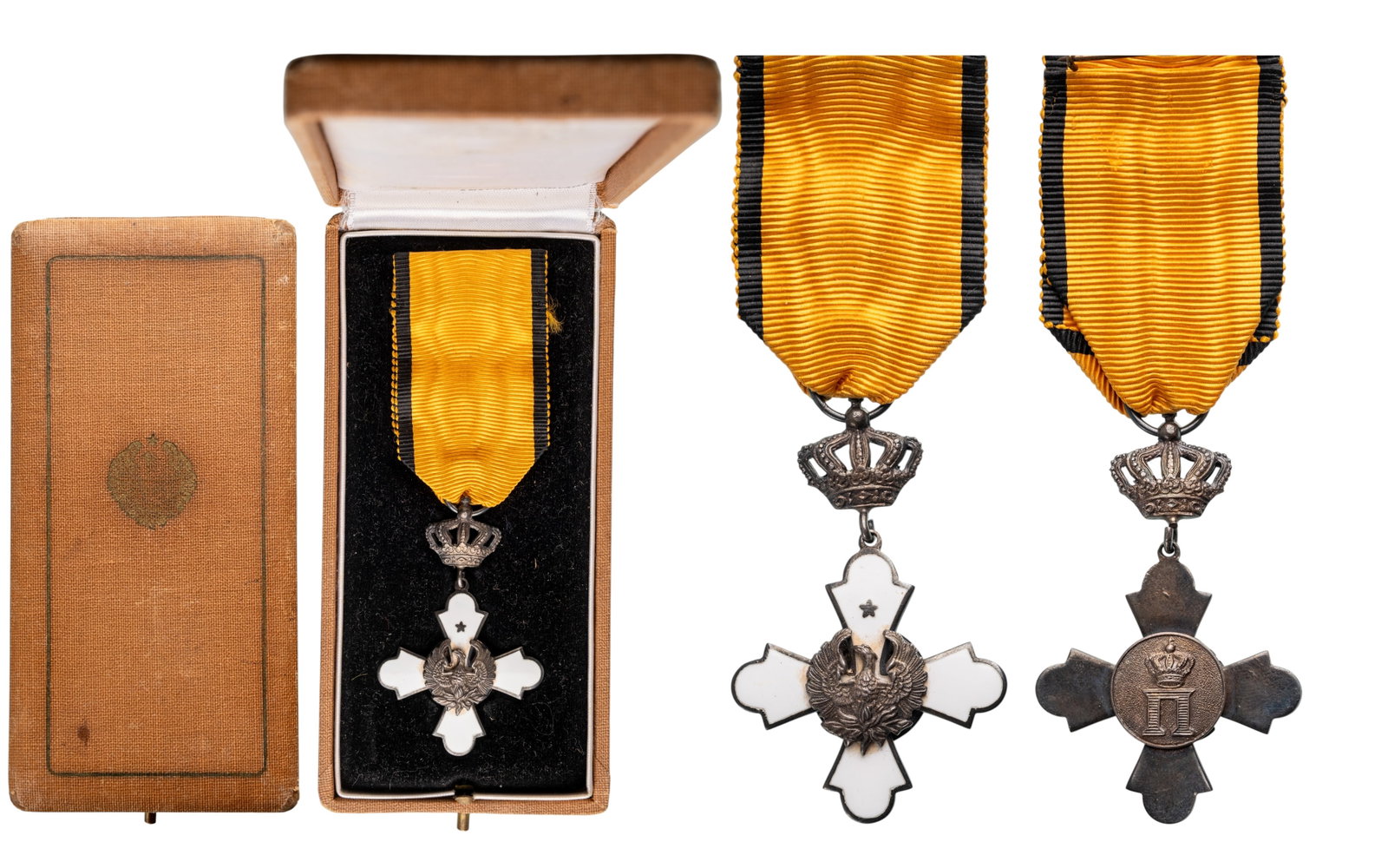 Order of the Phoenix: Knight's Cross, 2nd Type. Breast Badge 60x39 mm, Silver and white enamel, obverse centre with convex phoenix rising from the flames, reverse medallion with royal monogram "P" (for King Paul I), crown 