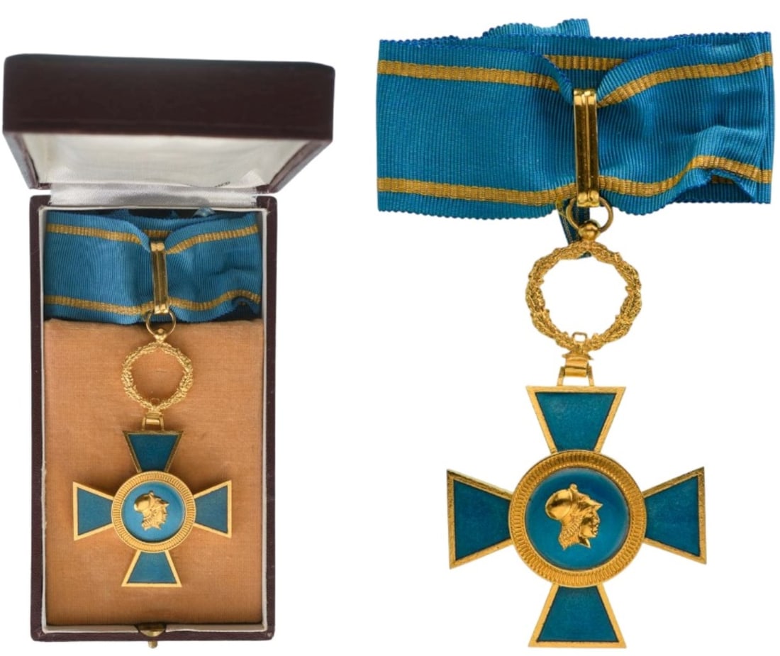 The Order of Honour and Merit: Commander's Cross, 3rd Class. Neck Badge, 62x55 mm, gilt Bronze, enameled, central medallion gilt (reverse missing), enameled, with original suspension wreath, loop, ring and ribbon, in case of issue 