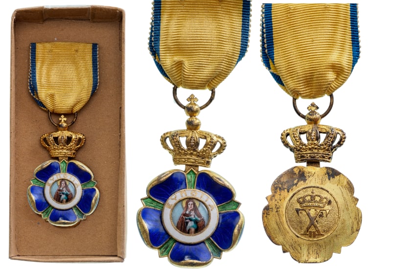 Order of Welfare: Officer`s Cross, 1st Type, 51x32 mm, gilt Silver badge with pale blue and green enameled details, the centre with the image of the Virgin and the Child Jesus Christ in the finest enamel work, within a
