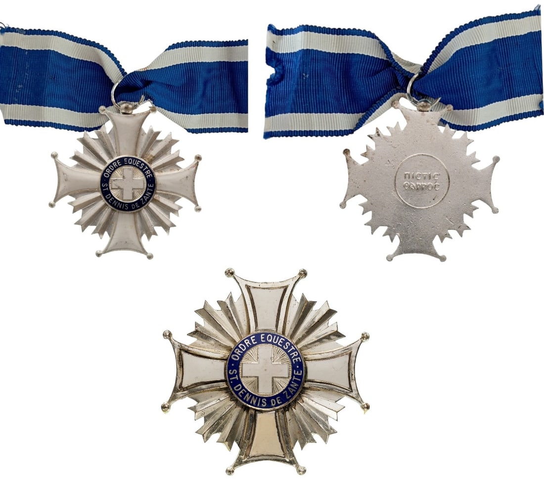 The Order of St. Denis of Zante: Grand Commander's Set. Neck Badge, 55 mm., Silver-plated, white enameled cross with silver beams between the arms; white enameled centre medallion, blue enameled outer circlet, with French inscription