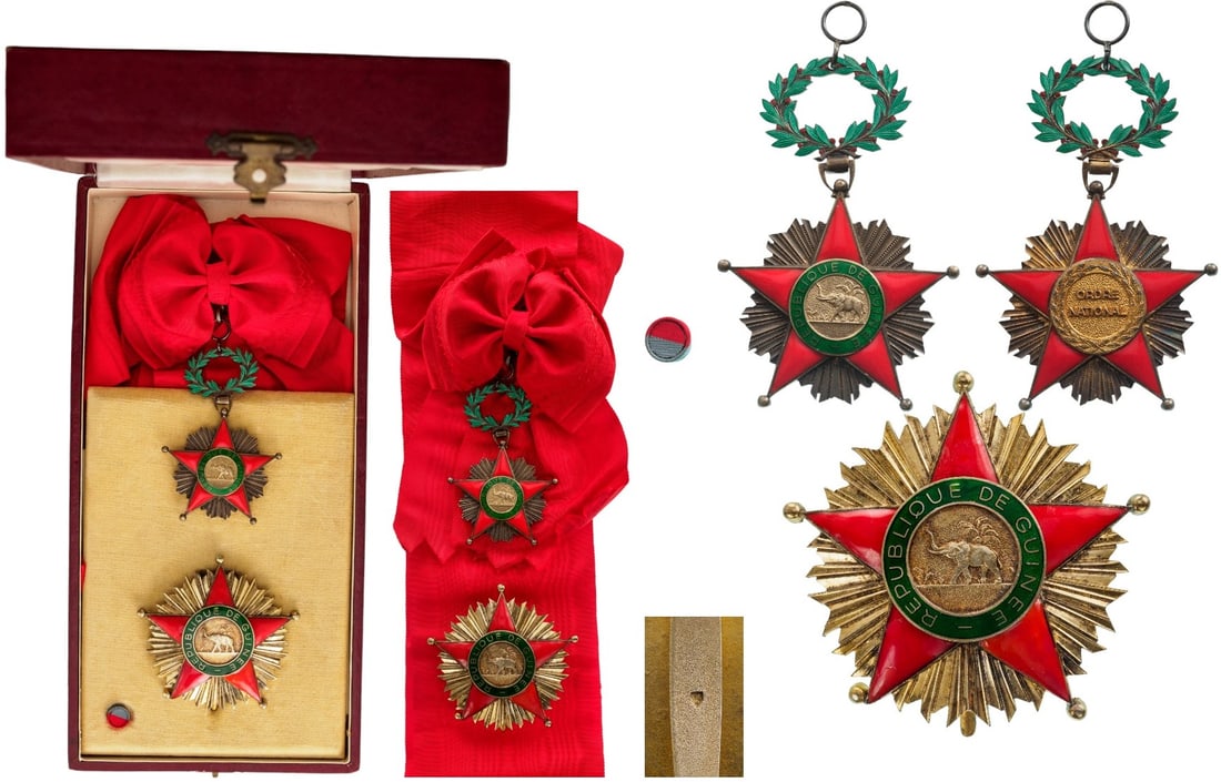 NATIONAL ORDER OF GUINEA: Grand Cross Set, instituted in 1968. Sash Badge, 58x85 mm, gilt Silver, enameled, original suspension wreath and sash. Breast Star, 80 mm, gilt Silver, hallmarked on the pin, enameled, vertical pin on