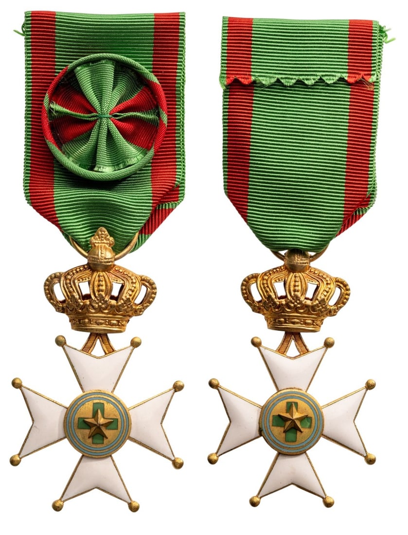 Duchy of Counani, Order of Merit, instituted by the "Constitutional Executive in Exile of the Free: Officer's Cross. Breast Badge, 65x40 mm, gilt Bronze, enameled, suspension ring and original ribbon with rosette. A very rare badge, in extremely fine condition. I RR!