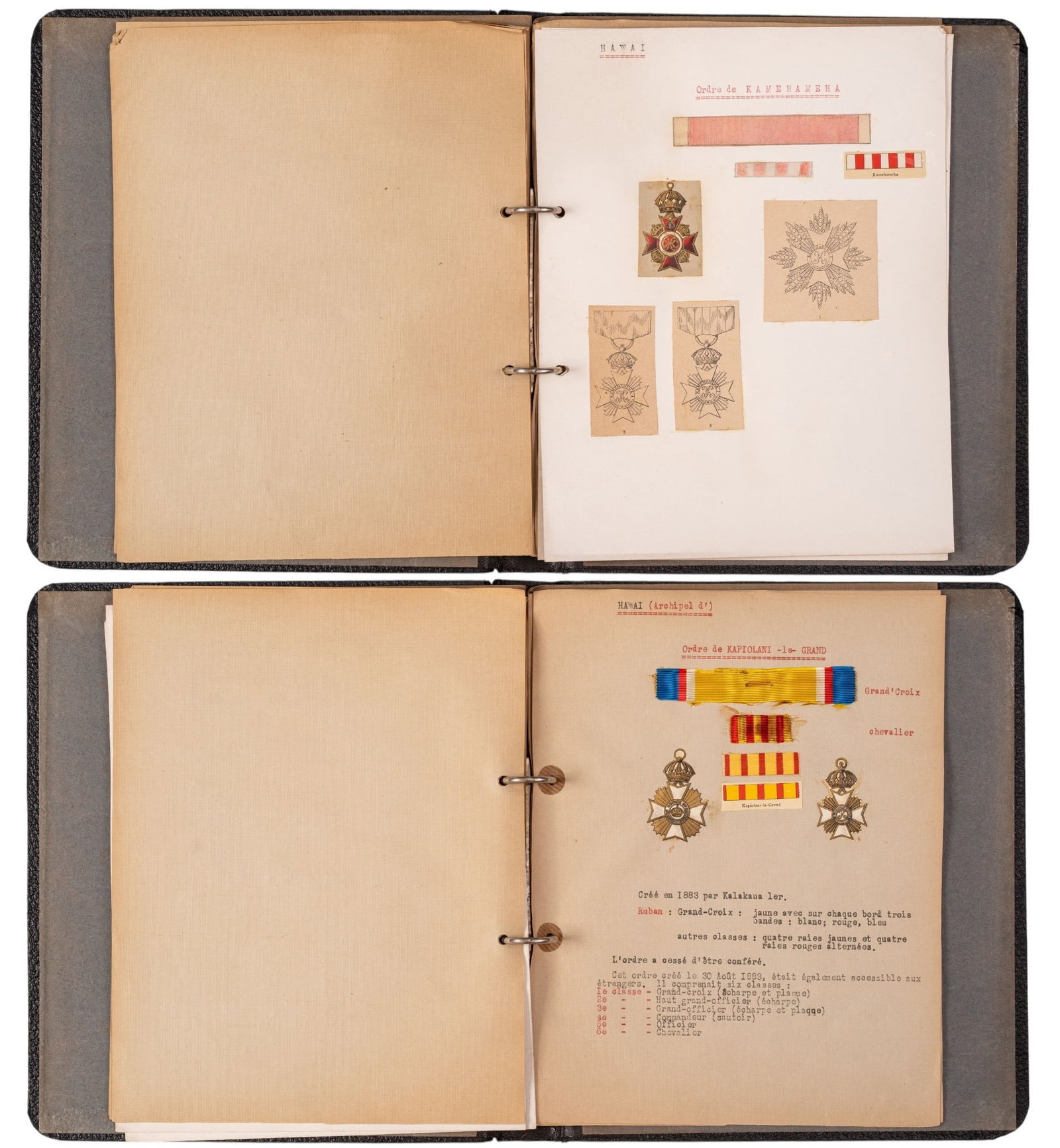 Royal Order of Kamehameha I and Royal Order of Kalakaua: Lot of 2. Grand Cross Stars, instituted in 1875. Breast Stars, 76 and 78 mm. mm, gilt Metal, superimposed parts enameled. the reverse with 5 rivets. Modern collector's copies of very rare originals, i