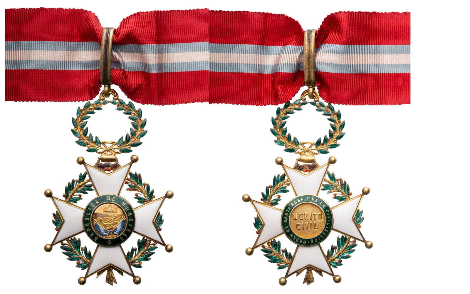 The Order of Santa Rosa and of Civilisation: Commander's Cross, 3rd Class, instituta in 1868. Neck Badge 84x55 mm, gilt Silver, white and green enameled, superimposed parts construction, laurel wreath suspension, circular ring and loop, original