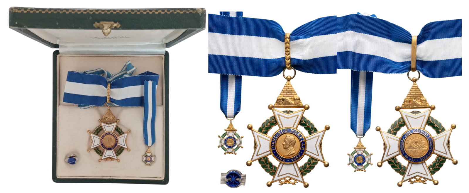 Order of Francisco Morazan: Commander's Cross, 3rd Class, instituted in 1941. Neck Badge 70x53 mm, gilt Bronze, white aenameled, crown suspension, circular ring and loop, original ribbon, in case of issue by "A. Alberti, Milano"