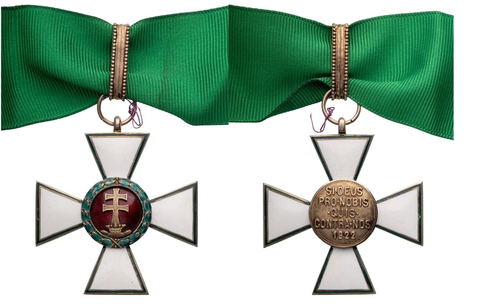 ORDER OF MERIT: Commander's Cross, instituted in 1922. Neck Badge, 55x50 mm, gilt Silver, reverse inscription with dates "1922", both sides enameled, obverse central medallion gilt, original suspension ring, loop and