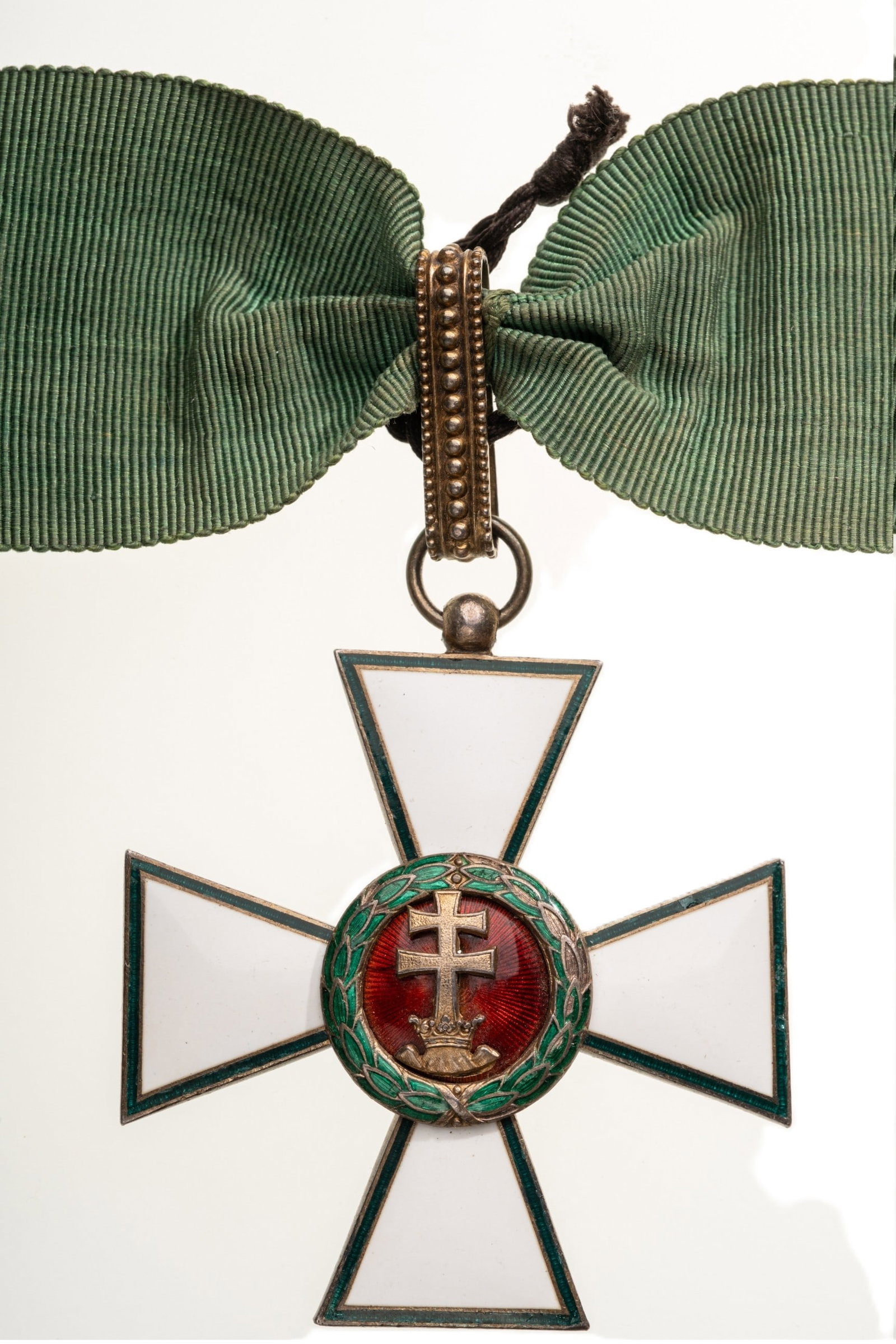 ORDER OF MERIT: Commander's Cross, instituted in 1922. Neck Badge, 62x57 mm, gilt Silver, reverse center missing, both sides enameled, obverse central medallion gilt, original suspension ring, loop and ribbon, Very f