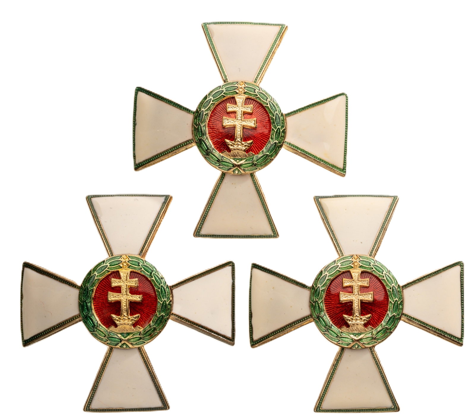 ORDER OF MERIT: Lot of 3. Officer's Crosses, instituted in 1922. Breast Stars, 49 mm, gilt Metal, superimposed part enameled, thin pin on reverse. Modern collector's copies, in extremely fine condition! I (3)
