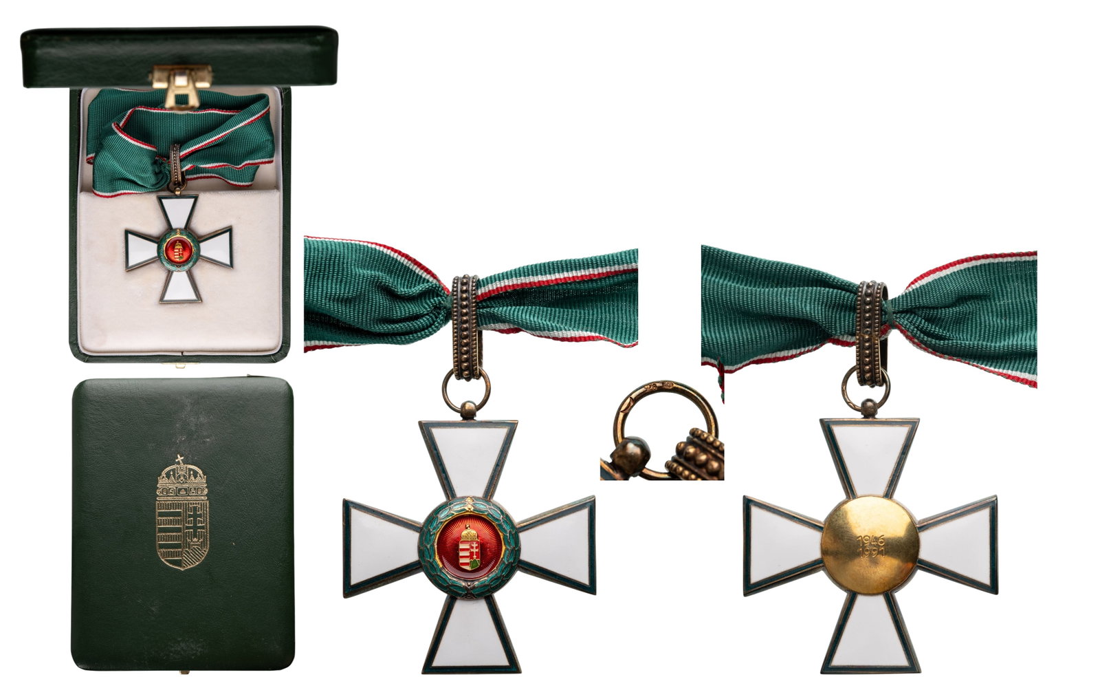 ORDER OF MERIT: Commander's Cross, instituted in 1991. Neck Badge, 60x55 mm, gilt Silver, reverse inscription with dates "1946-1991", both sides enameled, obverse central medallion gilt, original suspension ring, loo