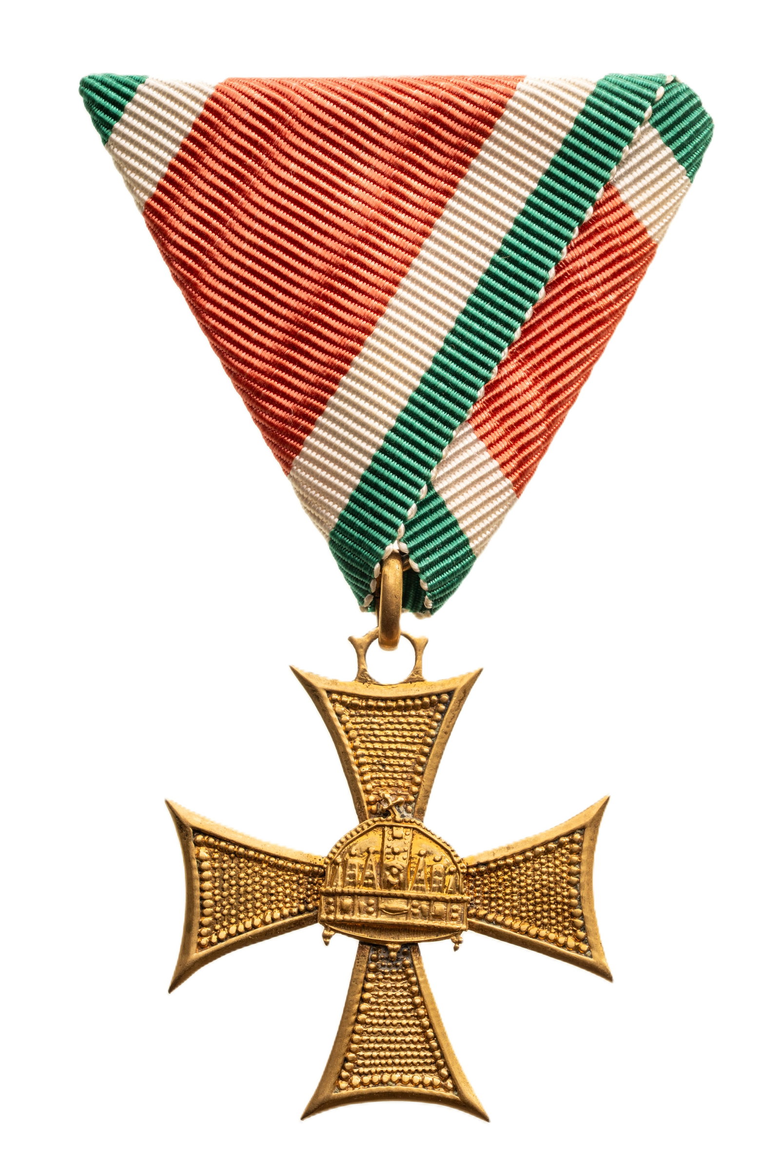 Military Long Service Cross, for 10 Years of Service: Officer's Cross, instituted in 1923. Breast Badge, 39x35 mm, gilt Bronze, original suspension ring and triangular ribbon. Extremely fine condition and scarce! I R!