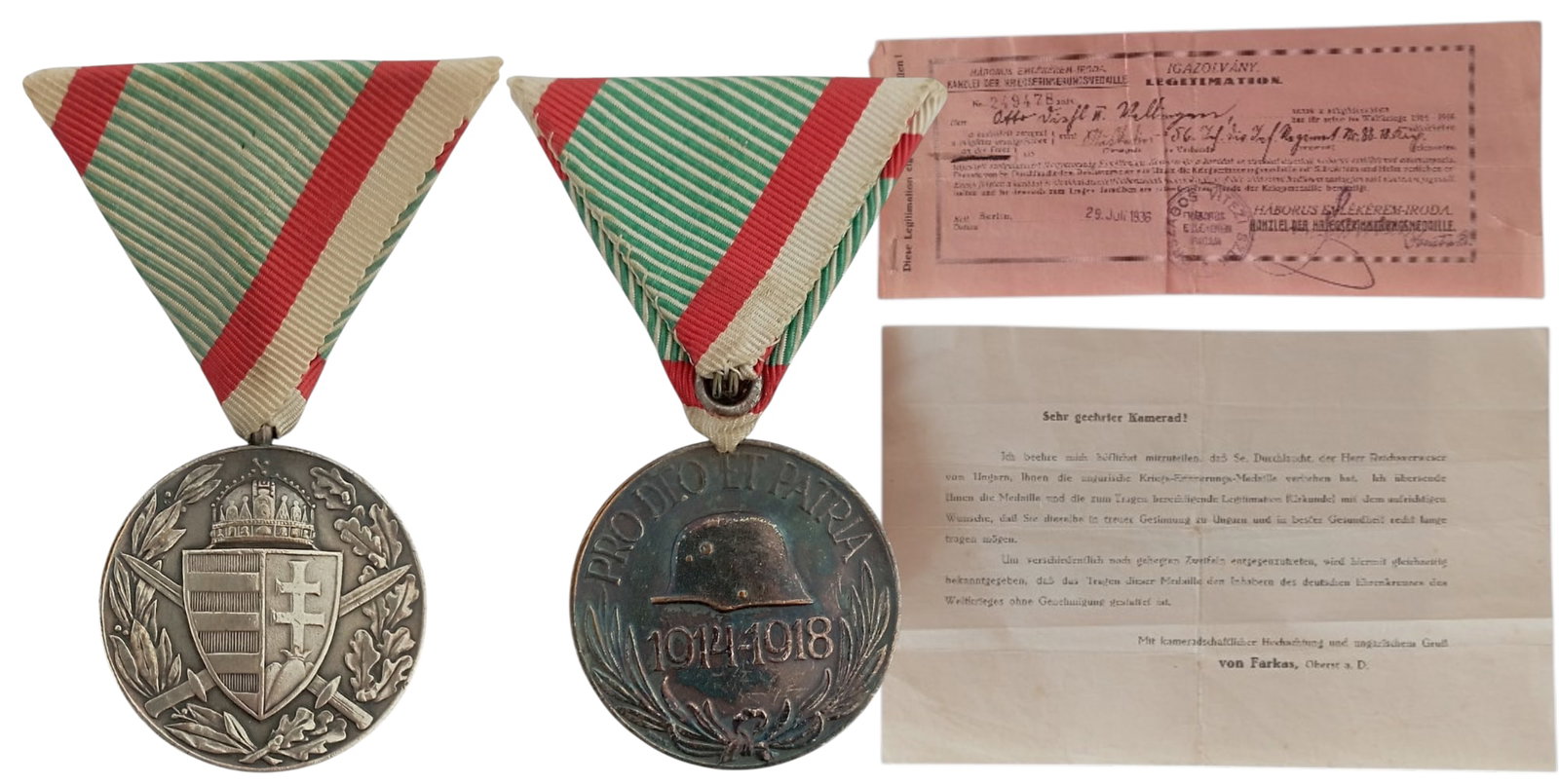 Medal Pro Deo et Patria: Breast Badge, instituted in 1929,, 37 mm, silvered, original suspension ring and triangular ribbon, together with awarding document and German translation, to a soldier from the 56th Infantry Regiment