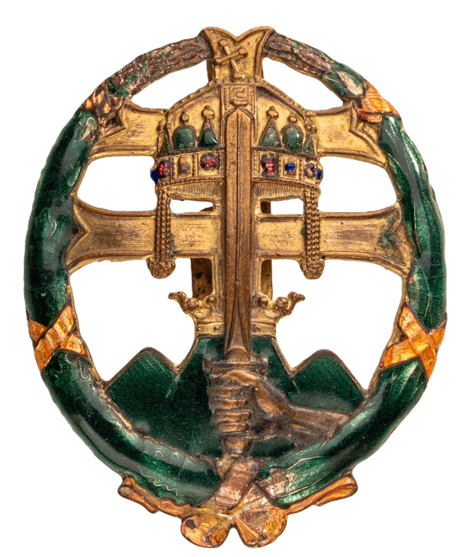 Officer's Badge for Combat Leadership, 1920 - 1944: Breast Badge, 53x42 mm, gilt Bronze, maker's mark "Morzsa Un - Budapest" on reverse, original suspension pins. An elegant badge, in extremely fine condition! I