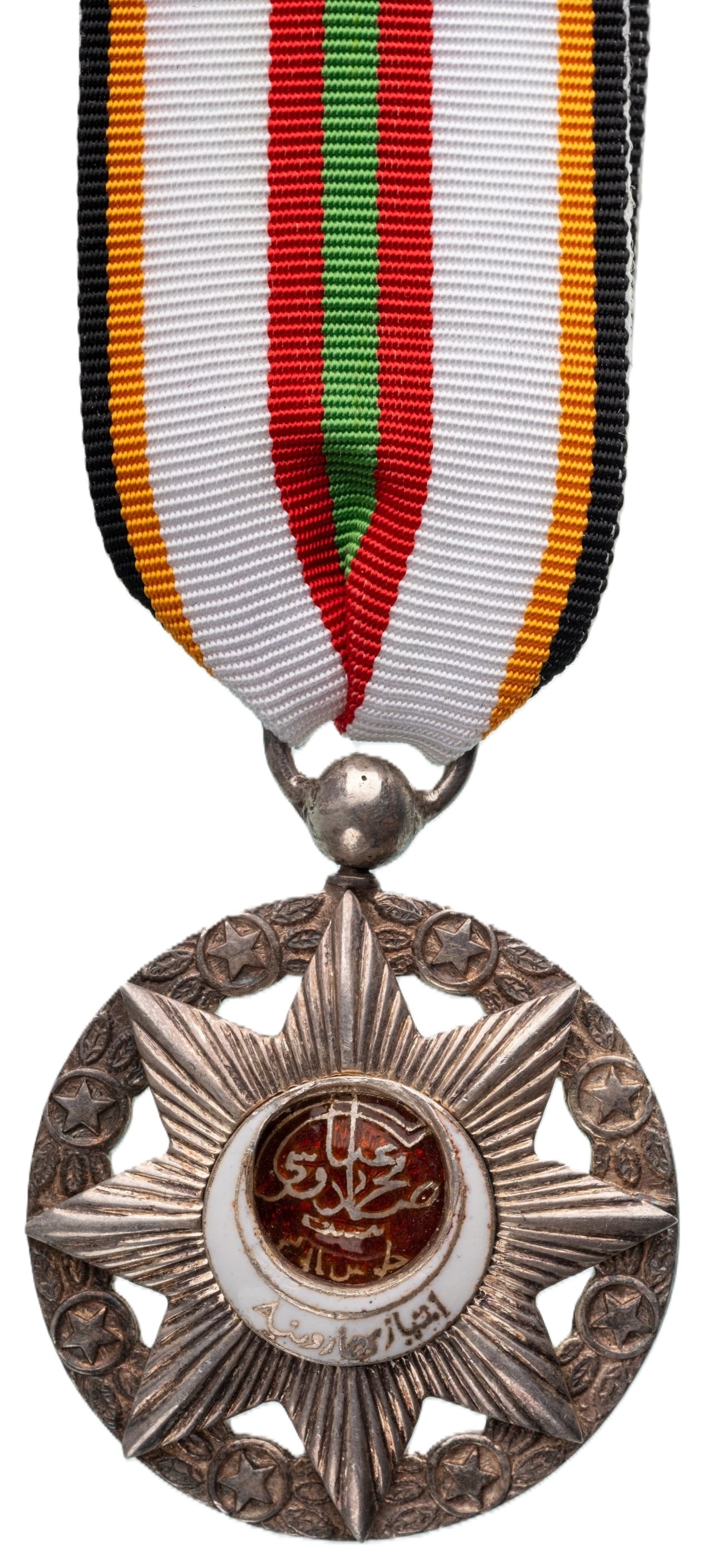 Order of Imtiaz-i-Haroonia: Knight's Cross, 4th Class, instituted between 1920 and 1930 by Nawab Sir Sadiq Muhammad Khan V of Bahawalpur. Breast Badge, 51x43 mm, Silver, centre medallion enameled, original suspension ring and