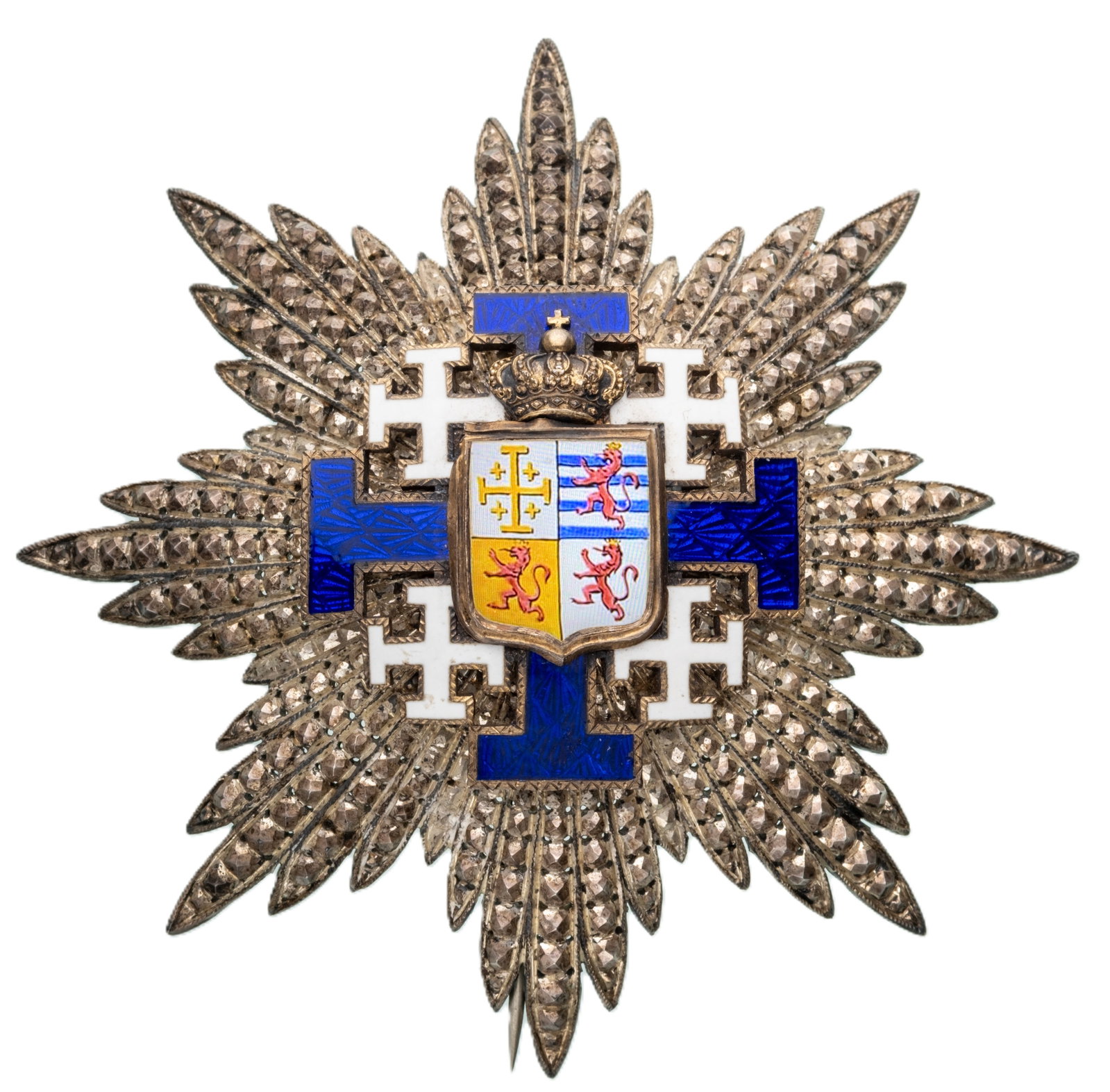 The Order of Melusine, created by Marie de Lusignan: Grand Cross Star, instituted in 1881. Breast Star, 83 mm, Silver, maker's mark "Boullanger, Paris", superimposed part enameled, thin pin and two side hooks on reverse. A beautiful and rare star, of