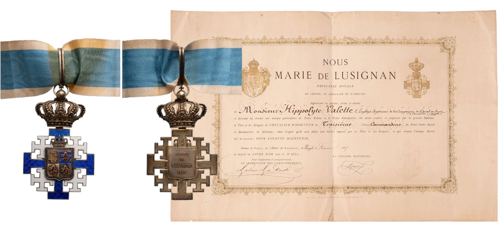 The Order of Melusine, created by Marie de Lusignan: Commander's Cross, instituted in 1881. Neck Badge, 77x48 mm, gilt Silver, one side enameled, original suspension ring, loop and ribbon, inscription on reverse "ORDRE DE MELUSINE - 1186", together