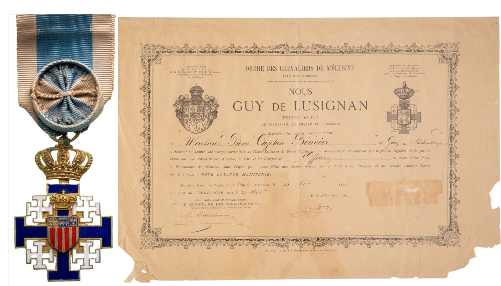 The Order of Melusine, created by Marie de Lusignan: Officer's Cross, instituted in 1881. Breast Badge, 59x38 mm, gilt Bronze, one side enameled, original suspension ring and ribbon with rosette, together with awarding document to a French Captain,