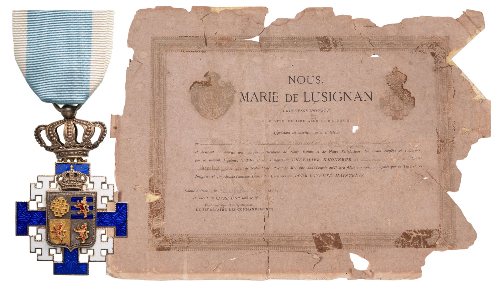 The Order of Melusine, created by Marie de Lusignan: Knight's Cross, instituted in 1881. Breast Badge, 62x40 mm, gilt Silver, one side enameled, back plate missing, original suspension ring and ribbon, together with damaged awarding document, dated