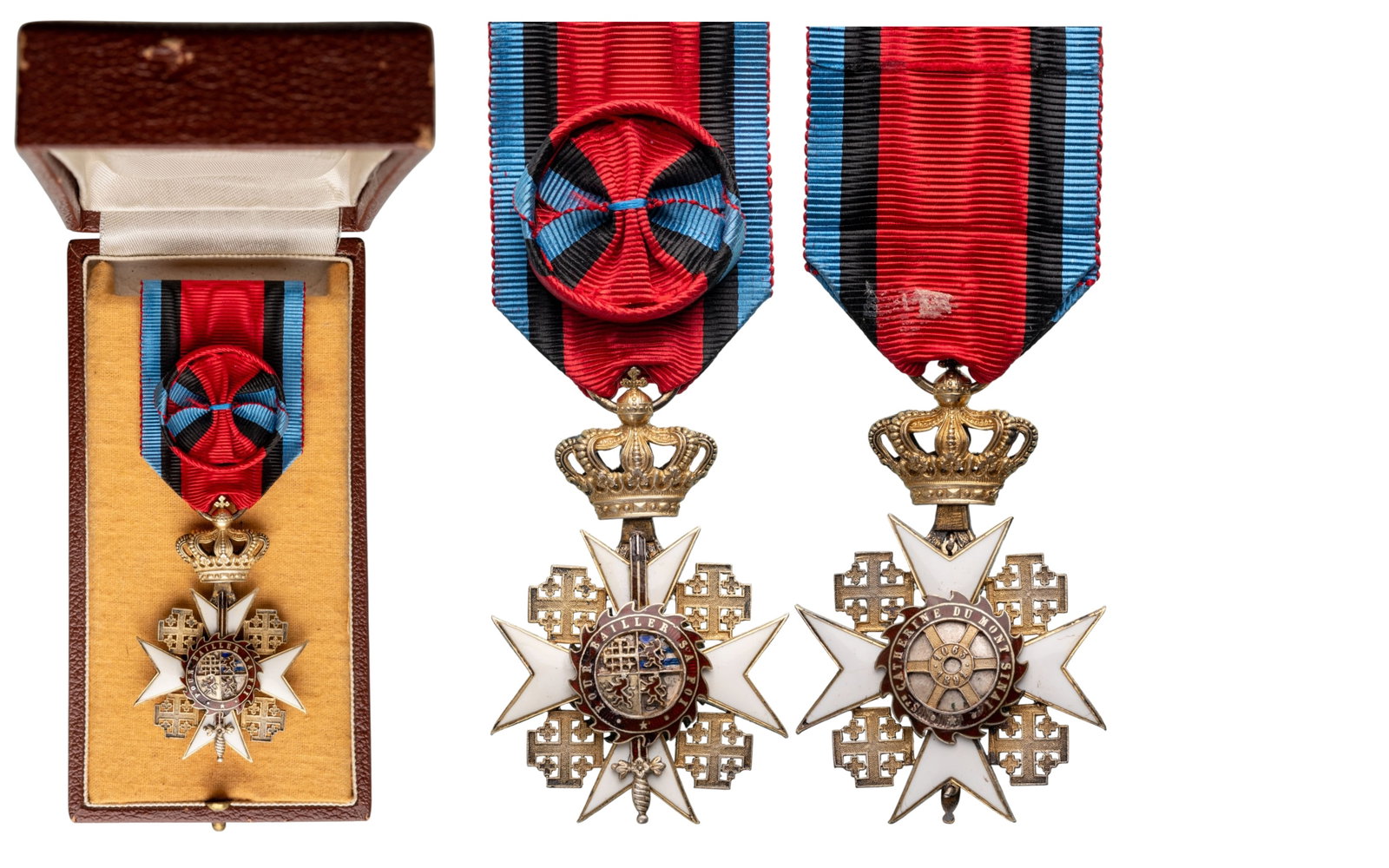 Order of St. Catherine of Mount Sinai: Officer's Cross. Breast Badge, 62x40 mm, gilt Silver, both sides enameled, original suspension crown, ring and ribbon with rosette, in case of issue by "Arthus Bertrand, Paris". A beautiful rare old b