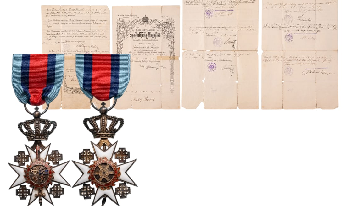 Order of St. Catherine of Mount Sinai: Knight's Cross. Breast Badge, 63x39 mm, Silver, both sides enameled, original suspension crown, ring and ribbon, together with awarding document for the order, dated Neuilly - Paris, 25th of April