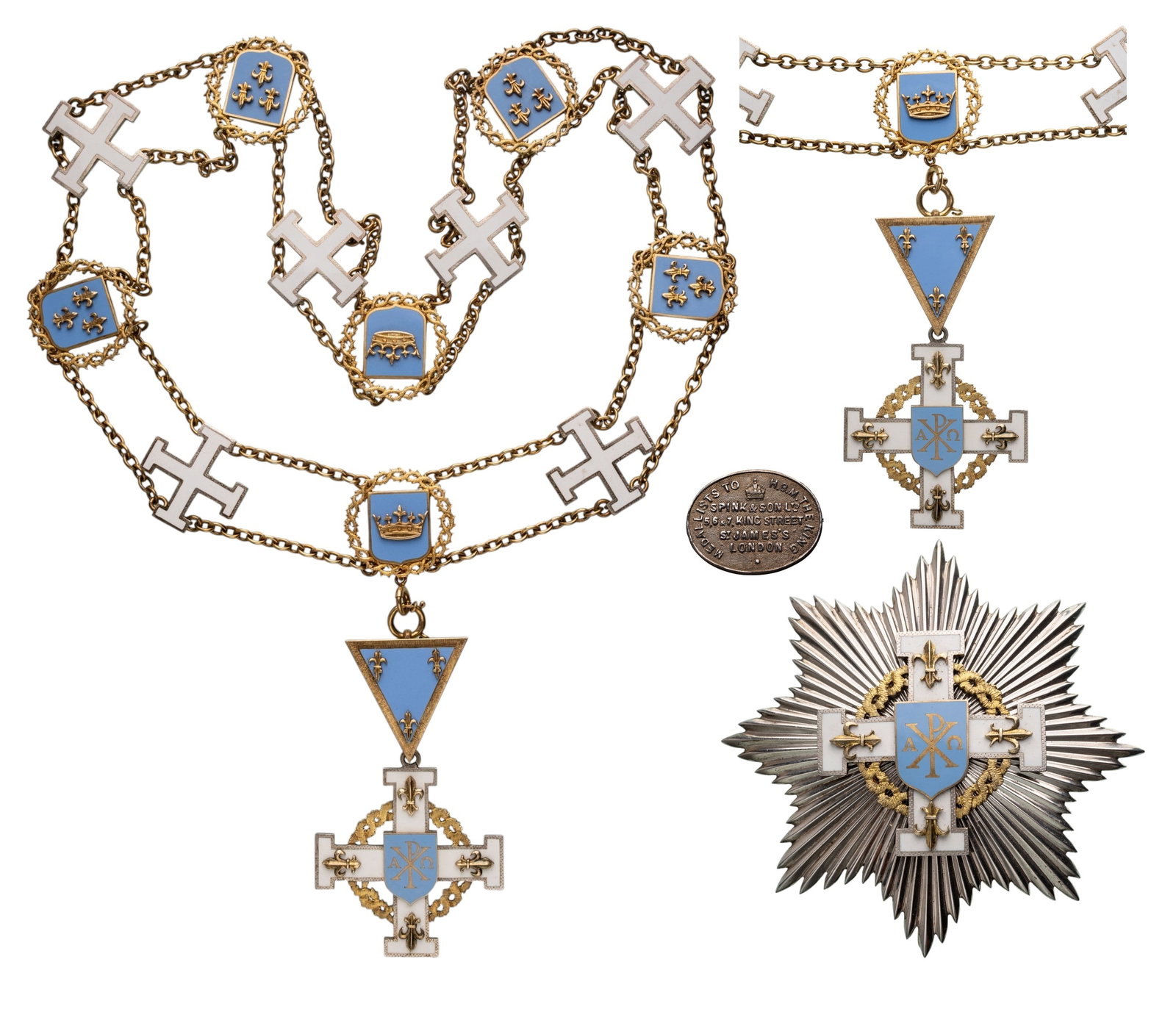 The Order of The Crown of Thorns: Collar Chain. Collar Badge, 64x58 mm, gilt Silver, one side enameled, original suspension device and ring. Collar, 92 cm, gilt Silver, 13 enameled links. Breast Star, 90 mm, gilt Silver, maker's mark 