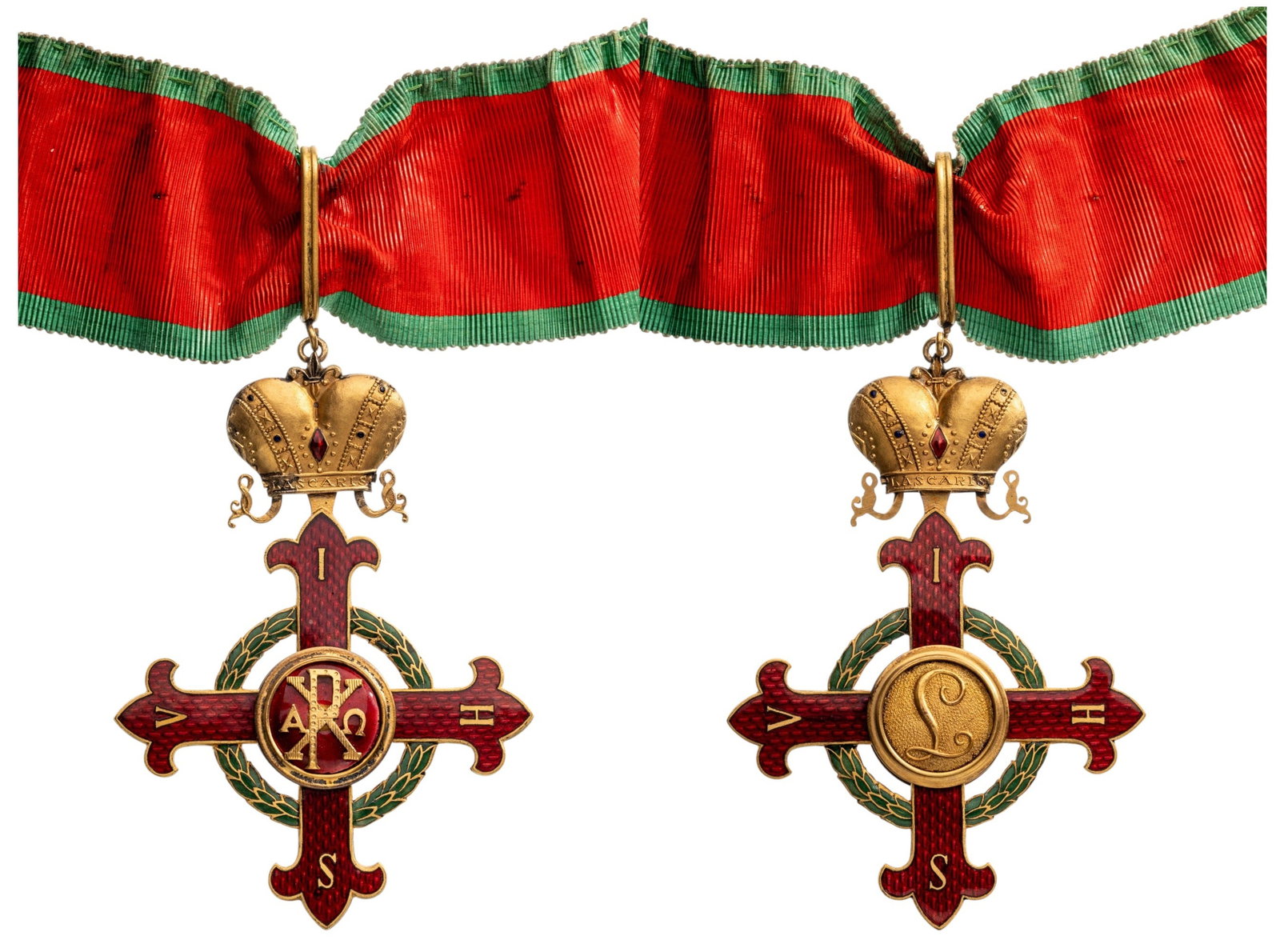 The Order of Constantine the Great, Imperial House of Lascaris Comnenus Branch: Commander's Cross. Neck Badge, 82x55 mm, gilt Bronze, enameled, original suspension crown and loop. A beautiful order, in extremely fine condition! I