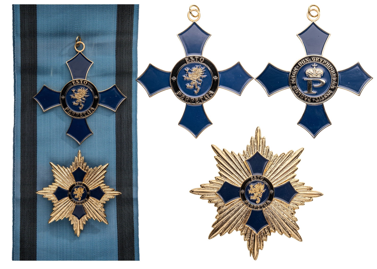 Order of the Gryphin ofÂ Â Gryphinberga of Grand Duke Paul: Grand Cross Set. Sash Badge, 88 mm, gilt Silver, both sides enameled, original suspension ring and unsewn sash. Breast Star, 79 mm, gilt Bronze, superimposed part enameled, large pin on reverse. A bea