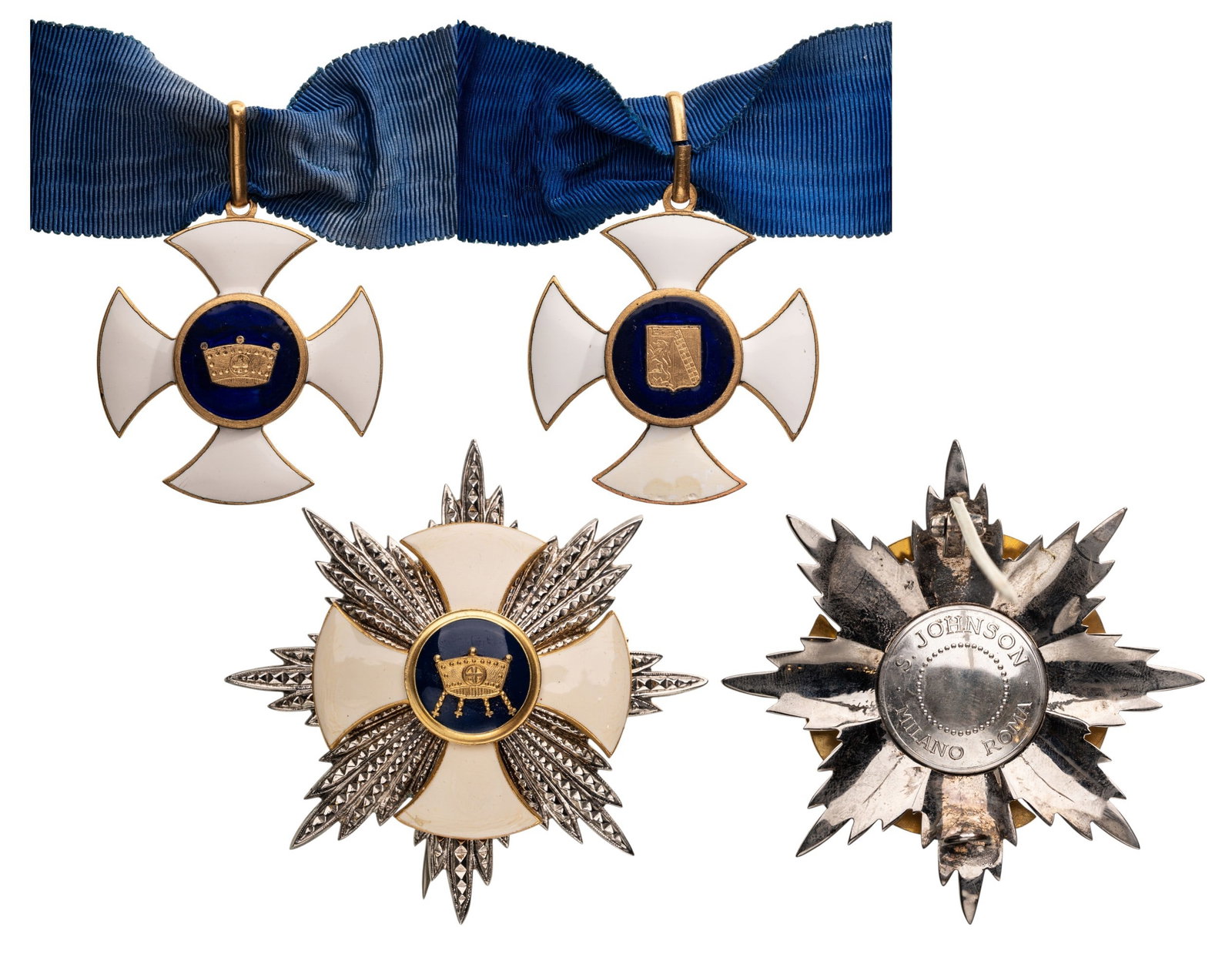 The Norman Crown of Altavilla: Grand Officer's Set. Neck Badge, 56x51 mm, gilt Bronze, both sides enameled, original suspension loop and ribbon. Breast Star, 84 mm, gilt and silvered Bronze, maker's mark "S. Johnson - Roma", superi