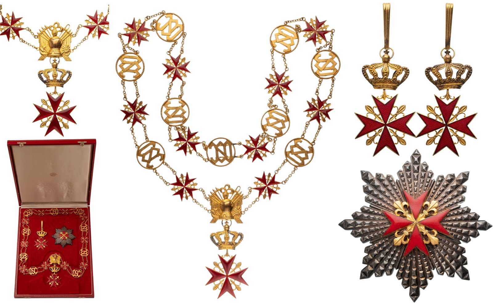 Order of St. Cosimo of St Stephan of Tuscany: Collar Chain. Collar Badge, 117x45 mm, gilt Bronze, both sides enameled, original suspension trophee and ring. Collar, 92 cm, gilt Bronze, 10 enameled crosses, 9 links with initials O.S.C. Grand Cross