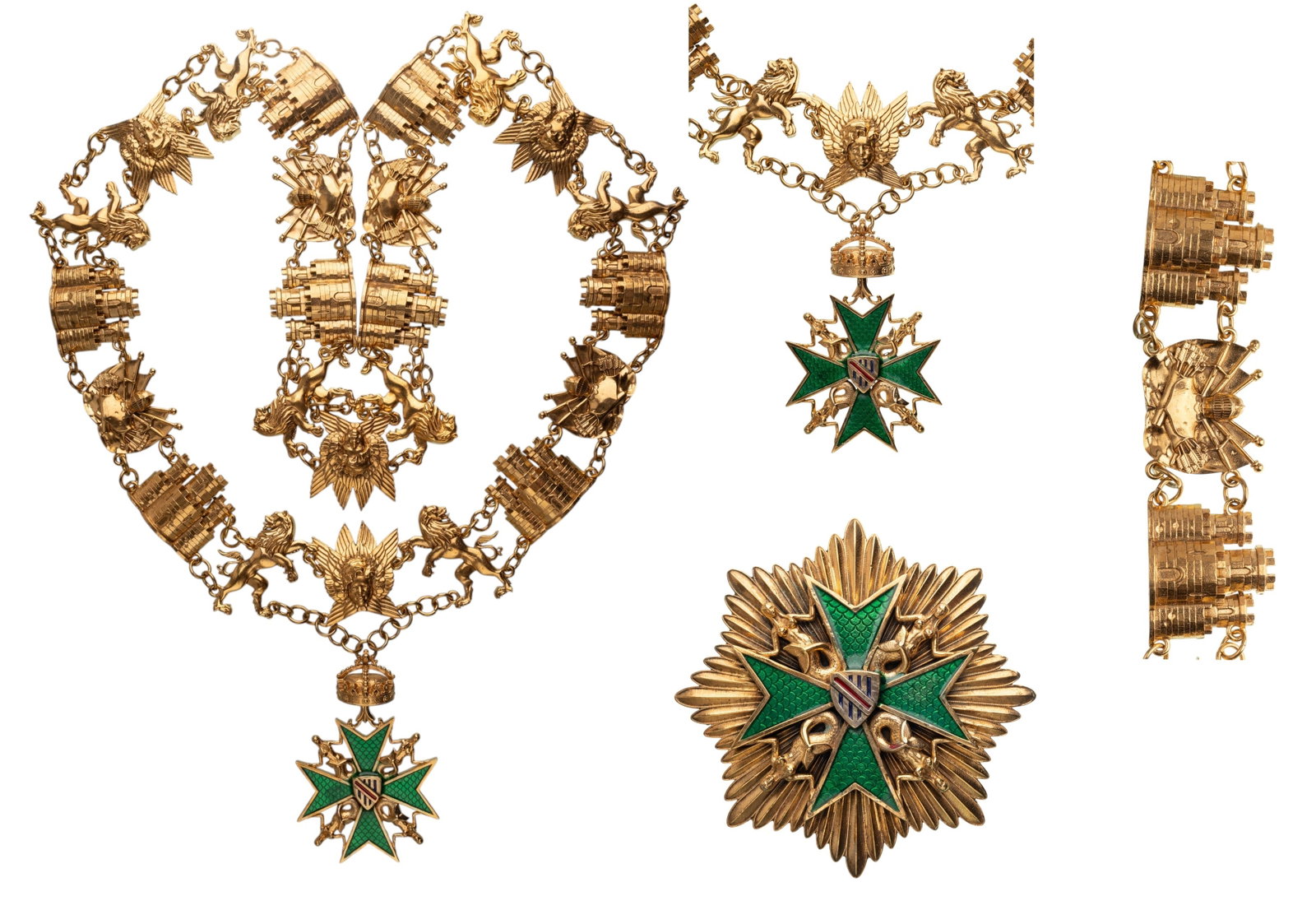 The Royal Order of the Balearic Crown: Collar Chain. Collar Badge, 88x59 mm, gilt Bronze, one side enameled, original suspension crown and ring. Collar, 117 cm, gilt Bronze, 24 links. Breast Star, 88 mm, gilt Bronze superimposed parts enam