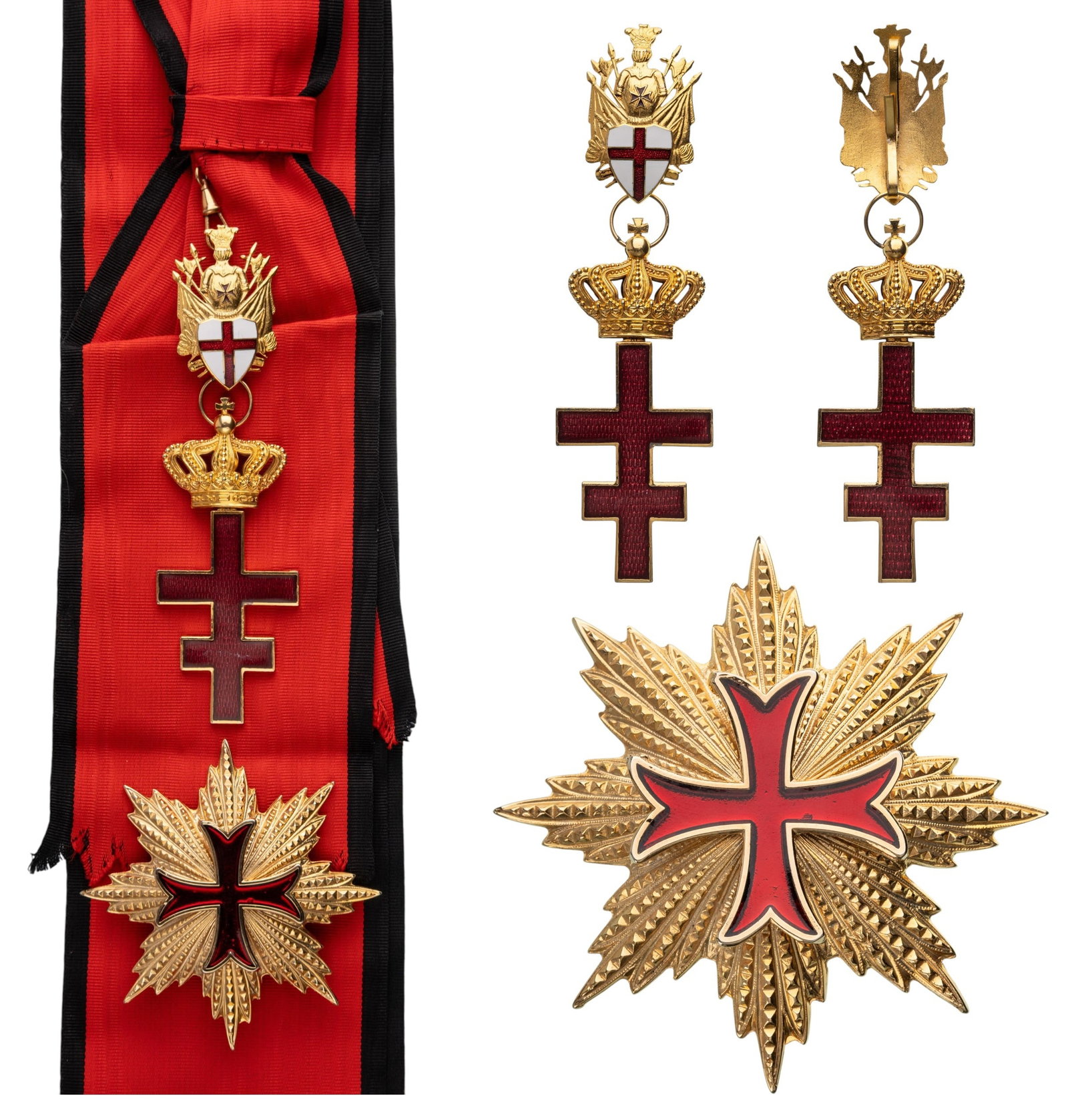 Sovereign Military Order of the Temple of Jerusalem: Grand Cross Set. Sash Badge, 138x40 mm, gilt Bronze, both sides enameled, original suspension crown, ring, troophee and sash. Breast Star, 83 mm, gilt Bronze, superimposed part enameled, 2 pins on rev