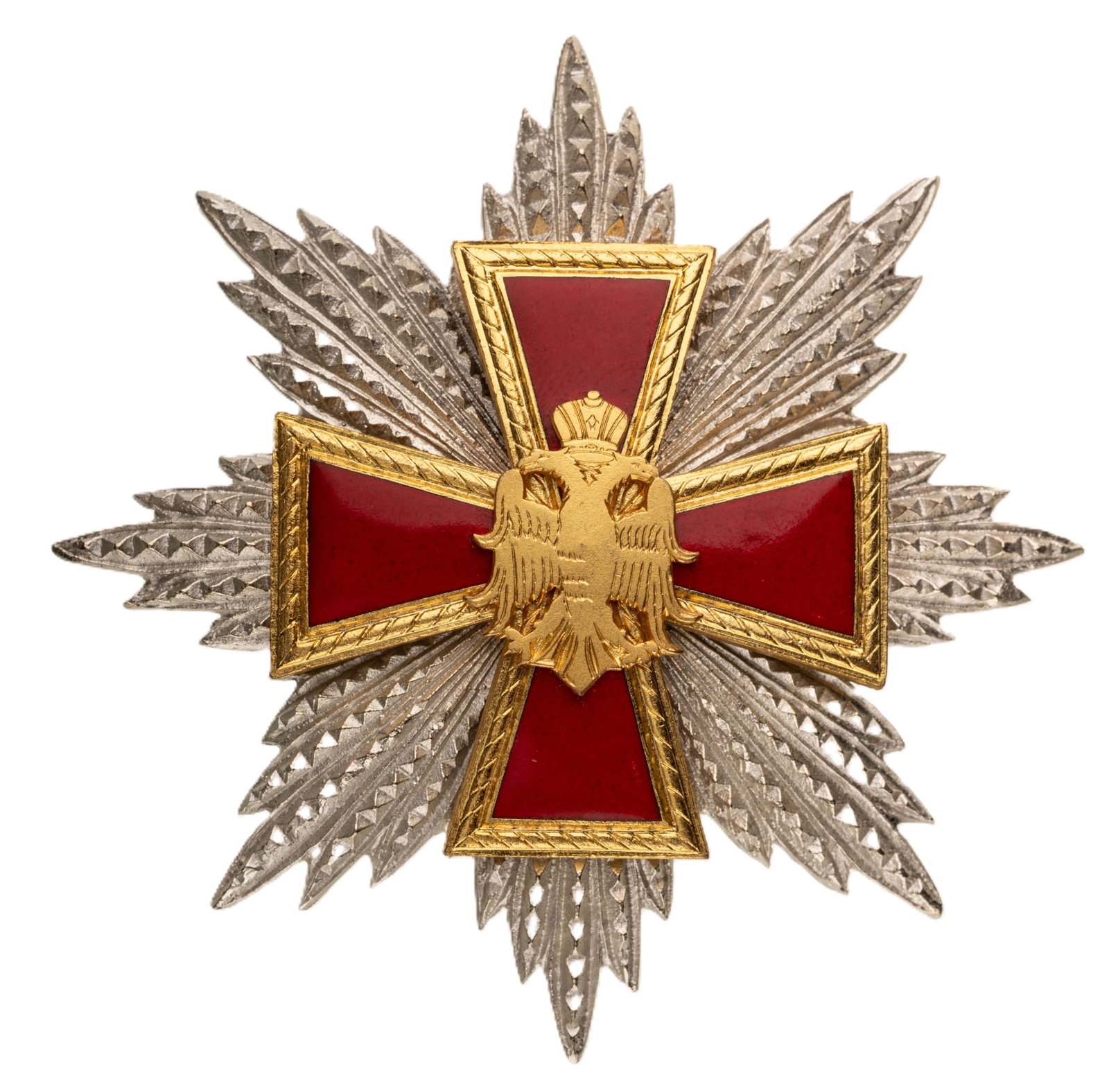 Orthodox Order of the Imperial Eagle: Grand Cross Star. Breast Star, 72 mm, gilt and silvered Bronze, superimposed part enameled, thin pin on reverse. Extremely fine condition! I