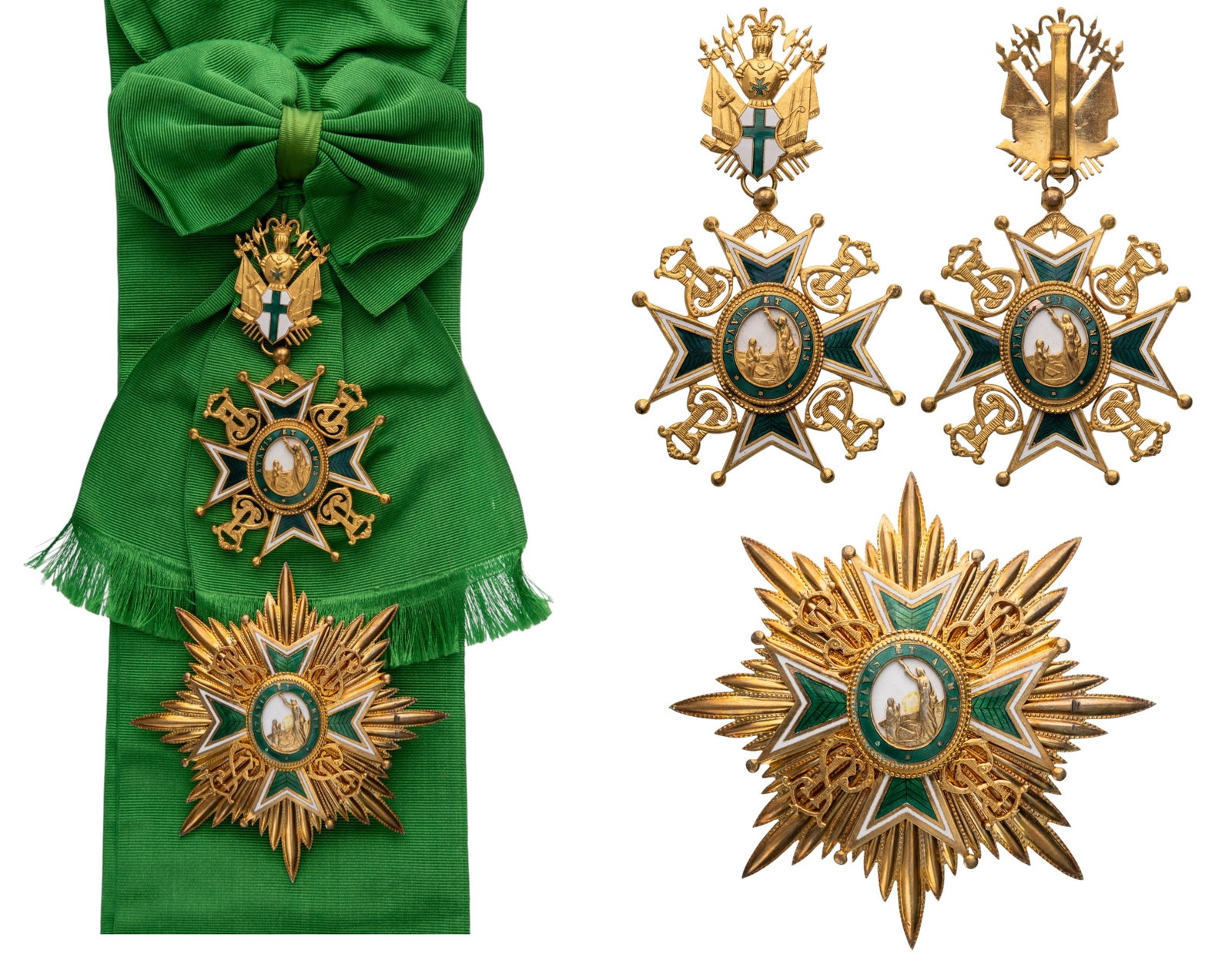 The Military and Hospitaller Order of Saint Lazarus of Jerusalem: Grand Cross Set. Sash Badge, 103x58 mm, gilt Silver, enameled, original suspension trophee and sash. Breast Star, 93 mm, gilt Silver, enameled, ornamented vertical pin on the reverse and two side hook