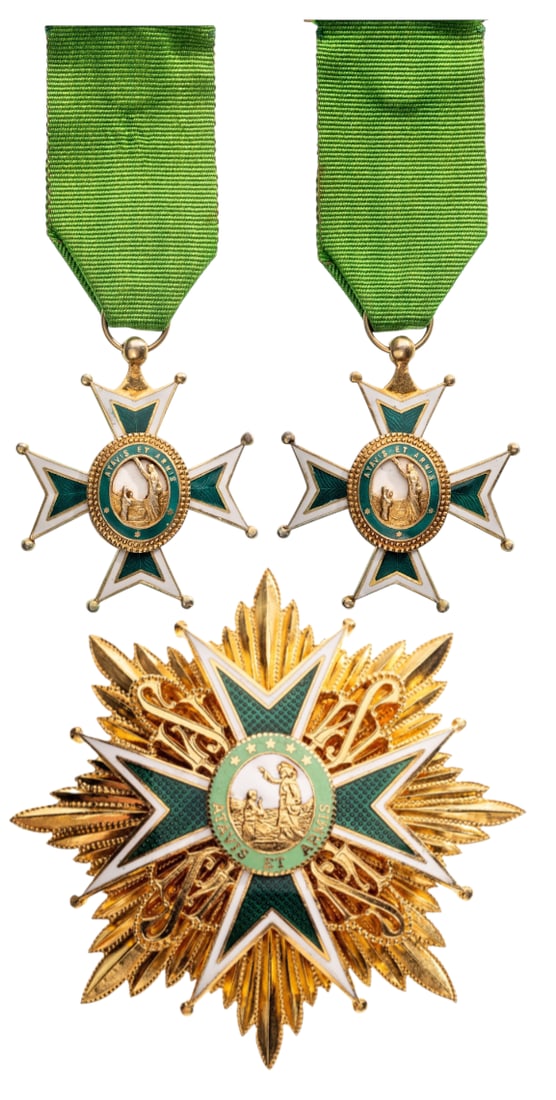 The Military and Hospitaller Order of Saint Lazarus of Jerusalem: Grand Officer's Set Civil. Breast Badge, 48x41 mm, gilt Silver, enameled, original suspension ring and ribbon. Breast Star, 71 mm, gilt Silver, enameled, vertical pin on the reverse and two long side 