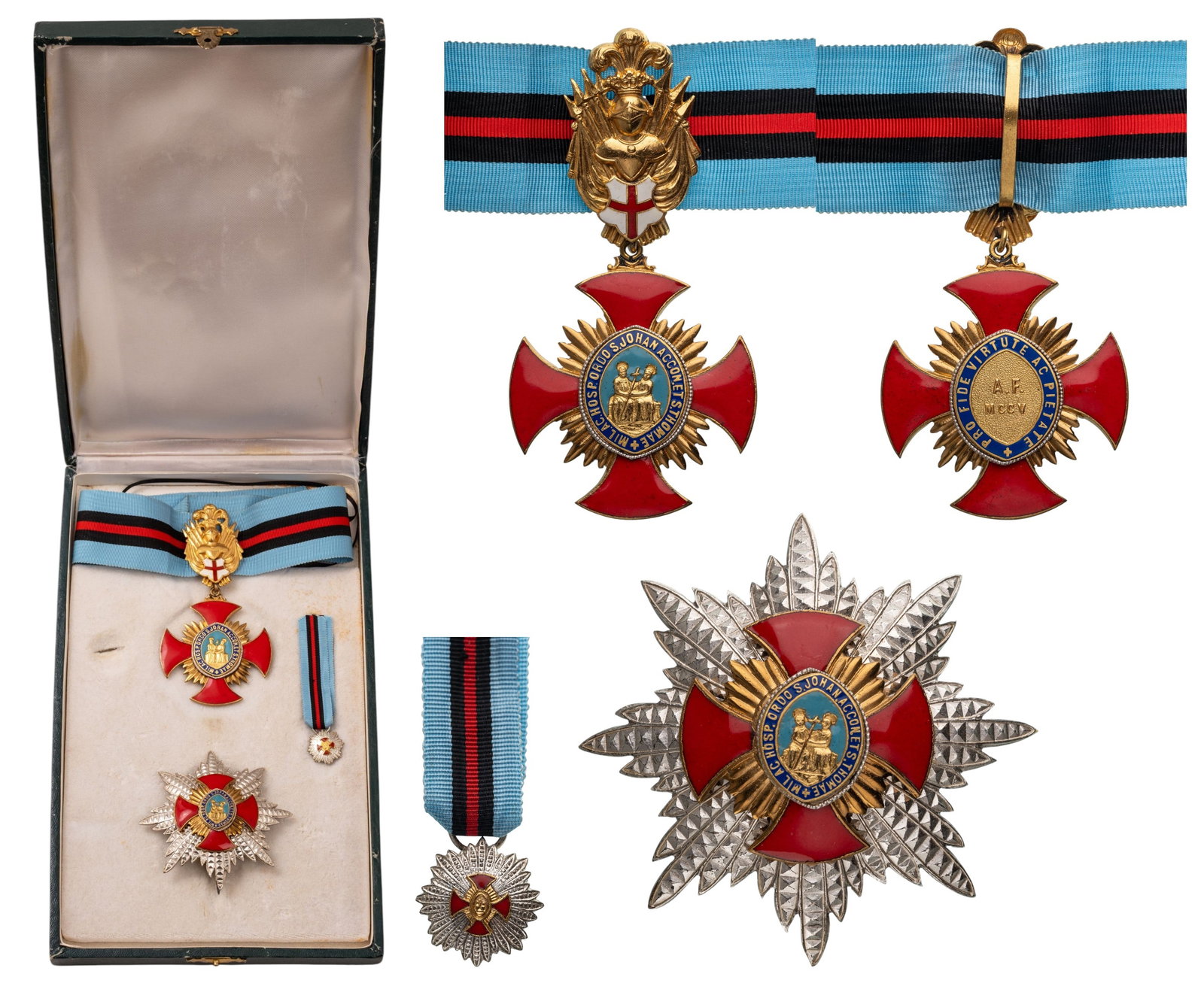 Sovereign Military Hospitaller Order of Saint John of Acre and St. Thomas: Grand Officer's Set. Neck Badge, 100x53 mm, gilt Bronze, both sides enameled, original suspension trophee and ribbon. Breast Star, 70 mm, silvered, superimposed part enameled, thin pin on reverse, in 