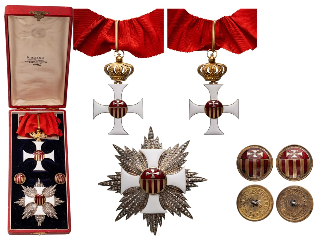 Order of Our Lady of Mercy Mercedarian (Royal, Celestial and Military Order of Our Lady of Mercy and: Grand Officer's Set, instituted in 1218 in Barcelona by St. Peter Nolasco. Neck Badge, 92x56 mm, gilt Silver, both sides enameled, original suspension crown and ribbon. Breast Star, 88 mm, Silver, sup